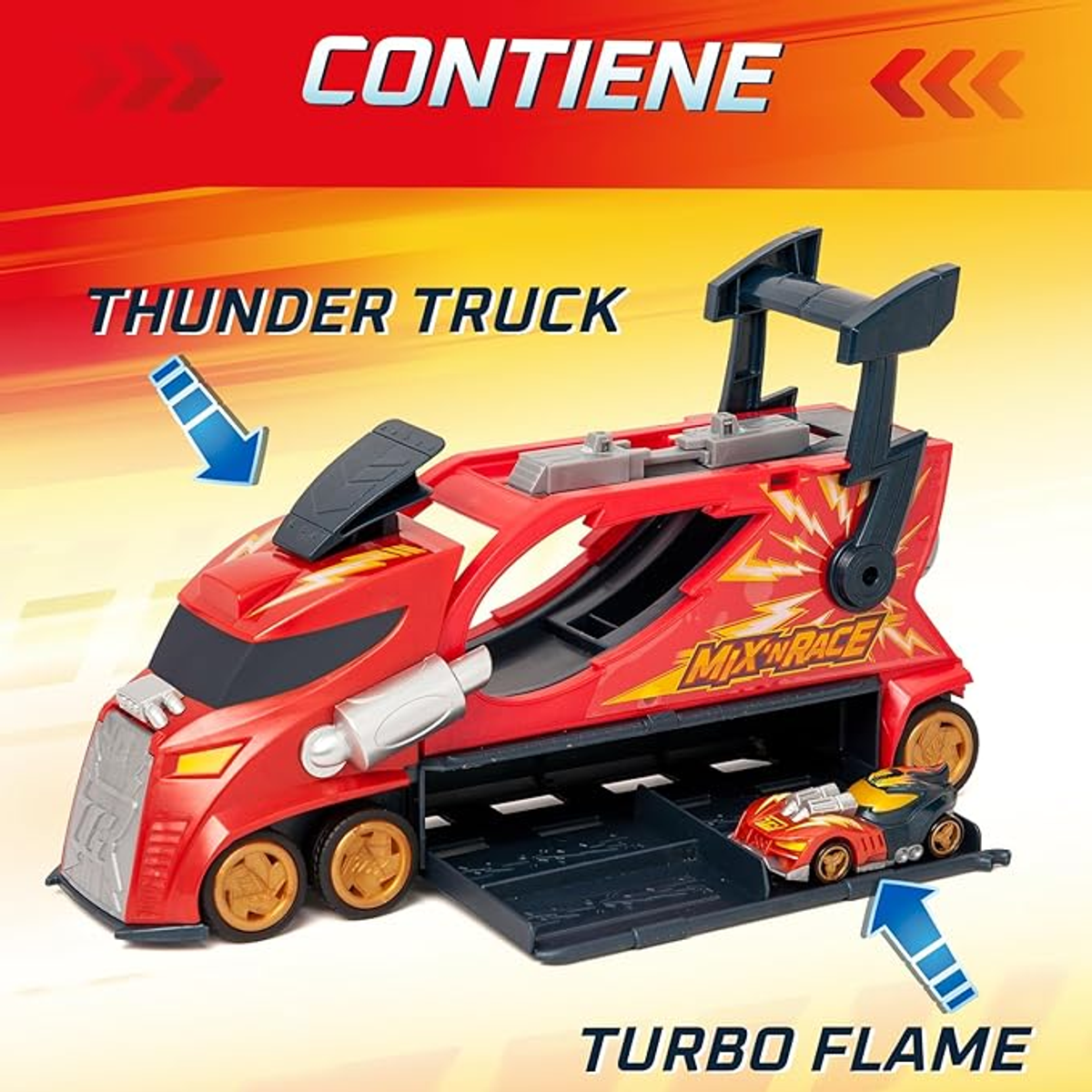 Camión de juguete rojo y negro con remolque, etiquetado "THUNDER TRUCK". Flechas indican el coche.