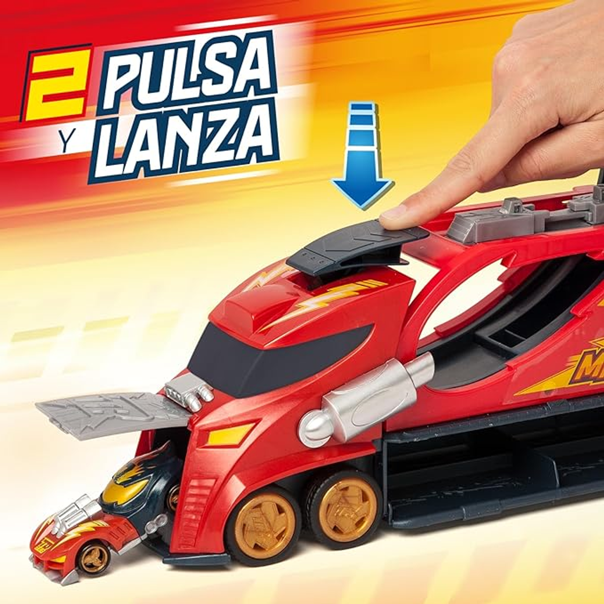 Un juego de coches de juguete. Muestra un camión rojo con un coche que sale de él. Fondo amarillo brillante.
