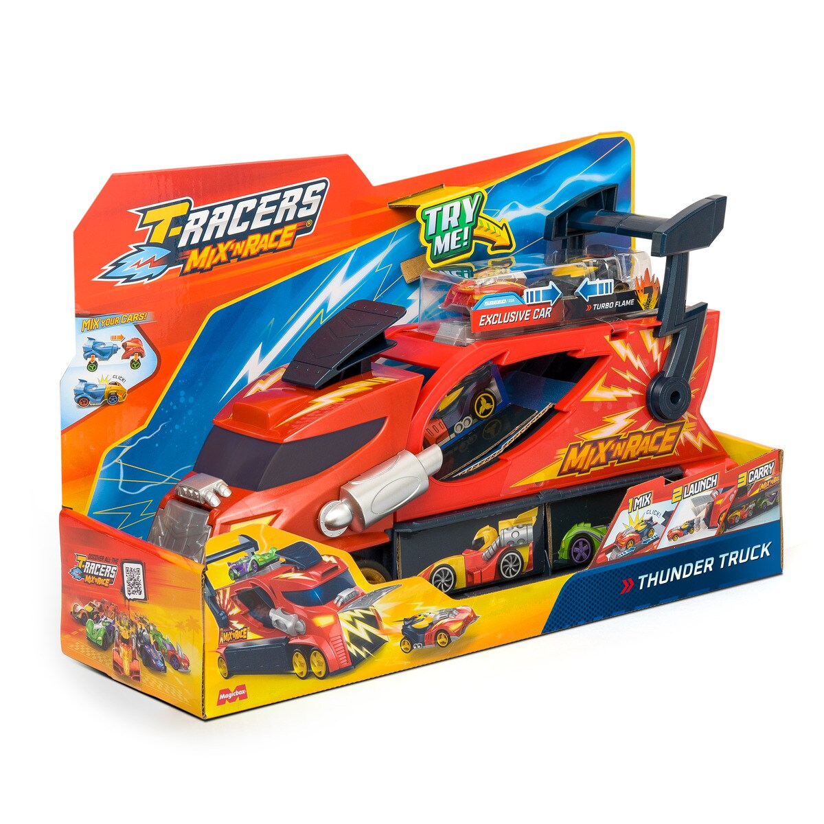 Juego de coches de juguete en embalaje. Camión rojo con coches, texto: T-Racers.