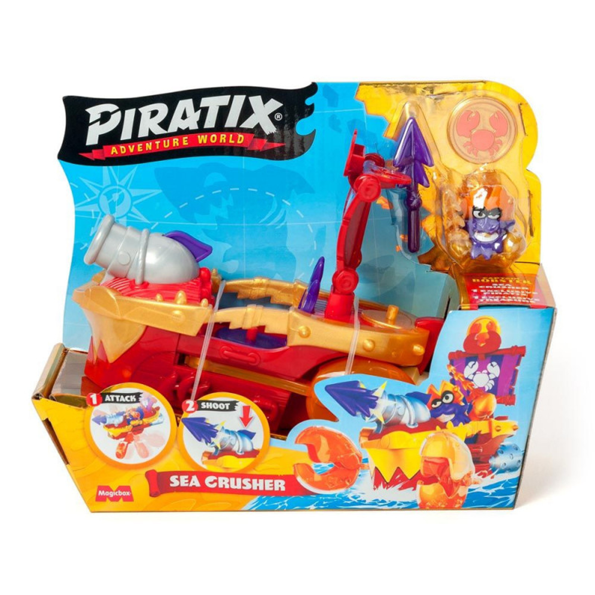 Juguete de barco pirata en una caja. El barco es rojo y dorado con un cañón y personajes.
