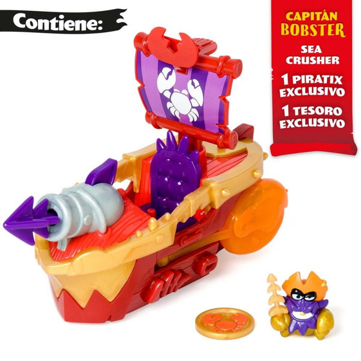 Barco pirata de juguete con vela morada, detalles dorados y bandera de cangrejo, fondo blanco.