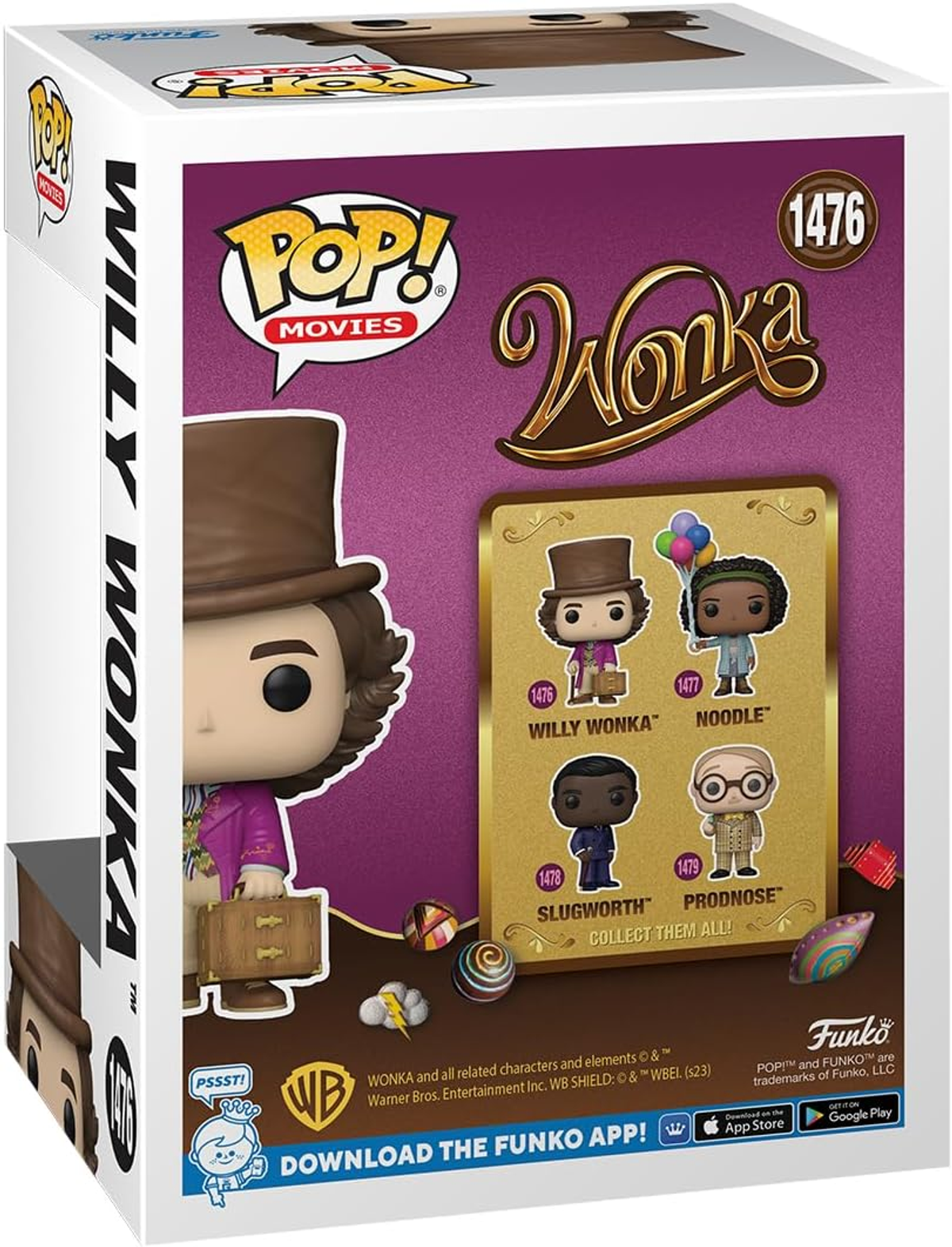Funko Pop! Statuetta di Willy Wonka in una scatola. Il retro mostra altre statuette e info. Logo WB visibile.