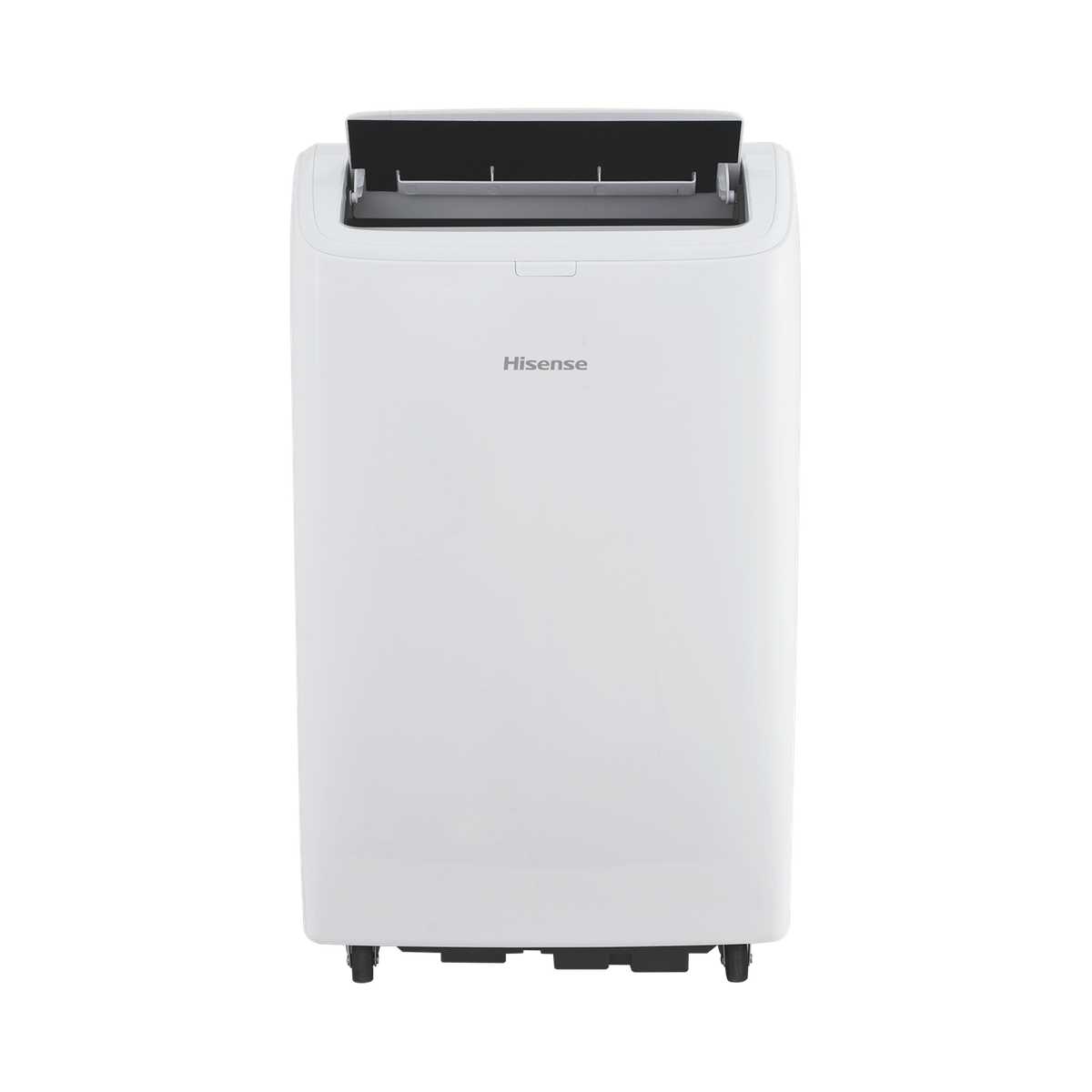 Biały przenośny klimatyzator Hisense, z otwartym czarnym górnym otworem wentylacyjnym.