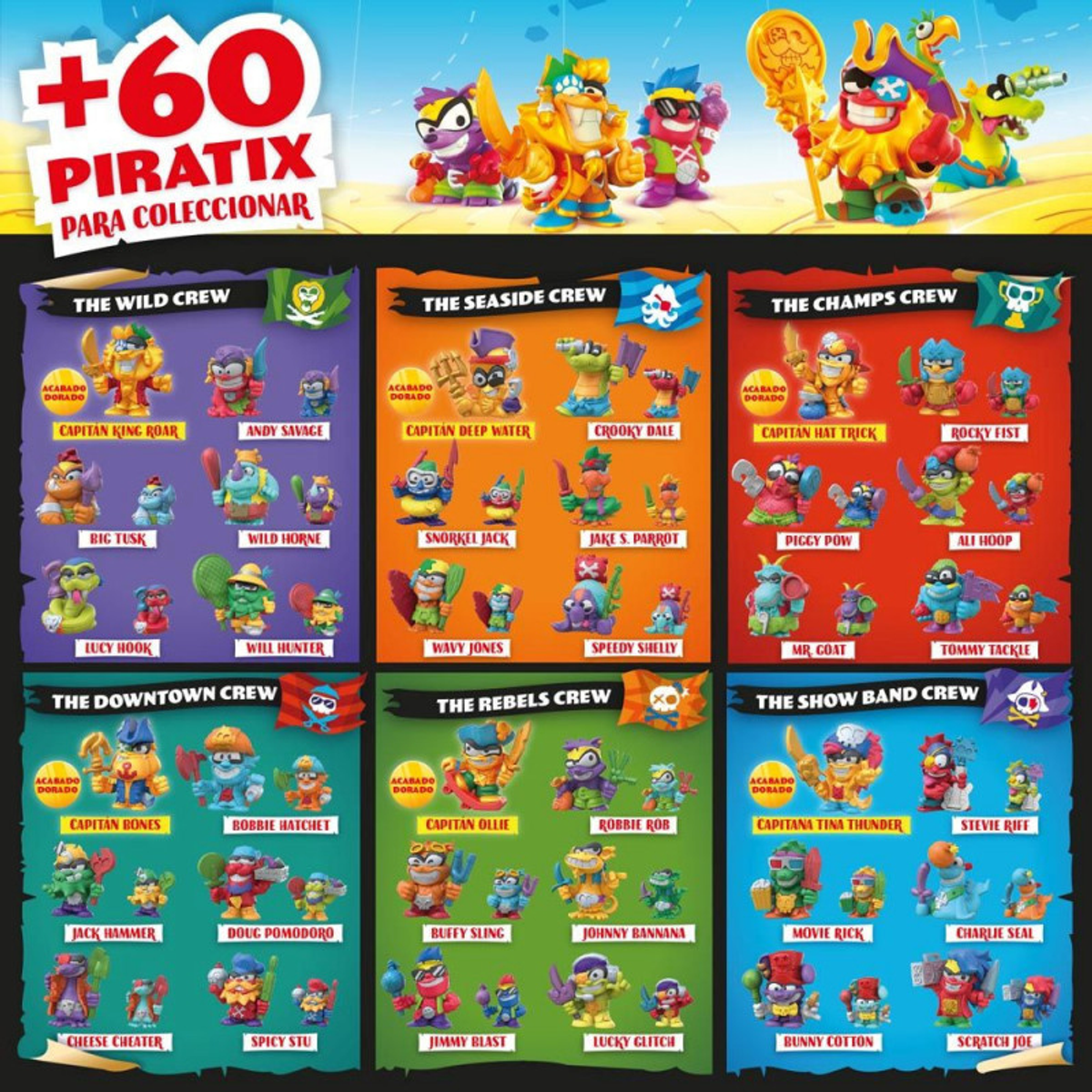 Colección de figuras de SuperThings Piratix. Varios personajes se muestran en tarjetas.
