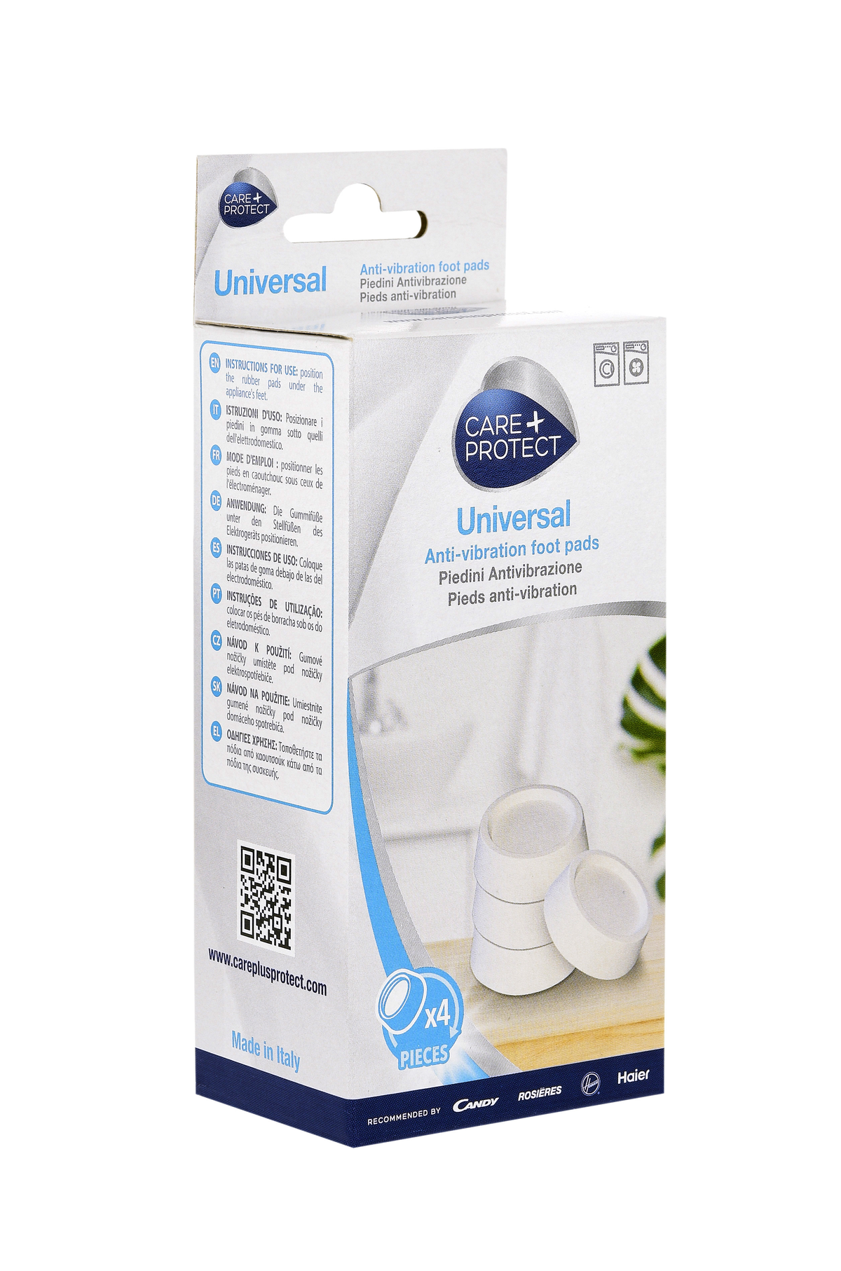 Almohadillas antivibración para lavadora. Almohadillas apiladas y embalaje con instrucciones.