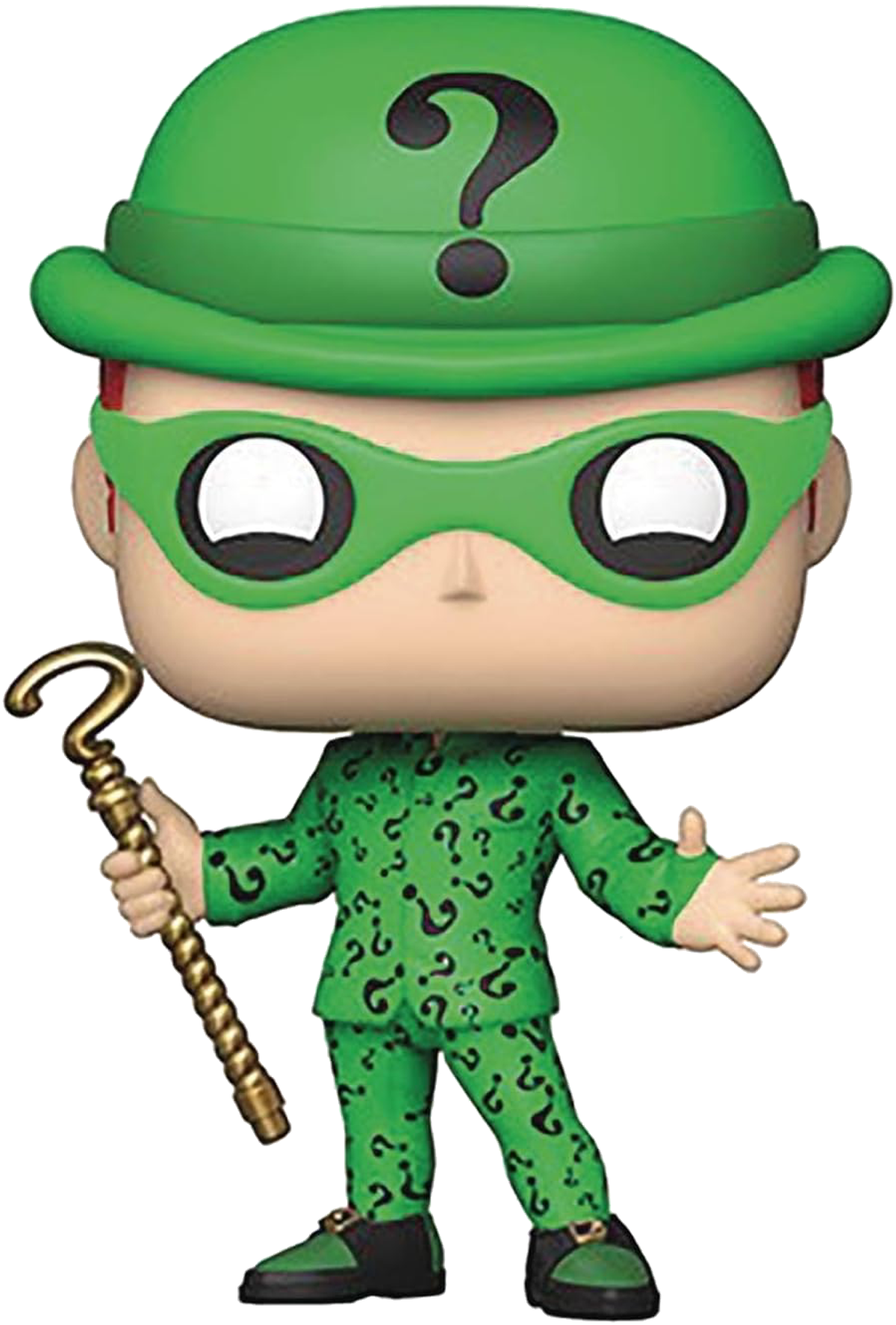 Figura Funko Pop dell'Enigmista. Indossa un cappello a bombetta verde, occhiali, un completo e tiene un bastone. Sfondo nero.