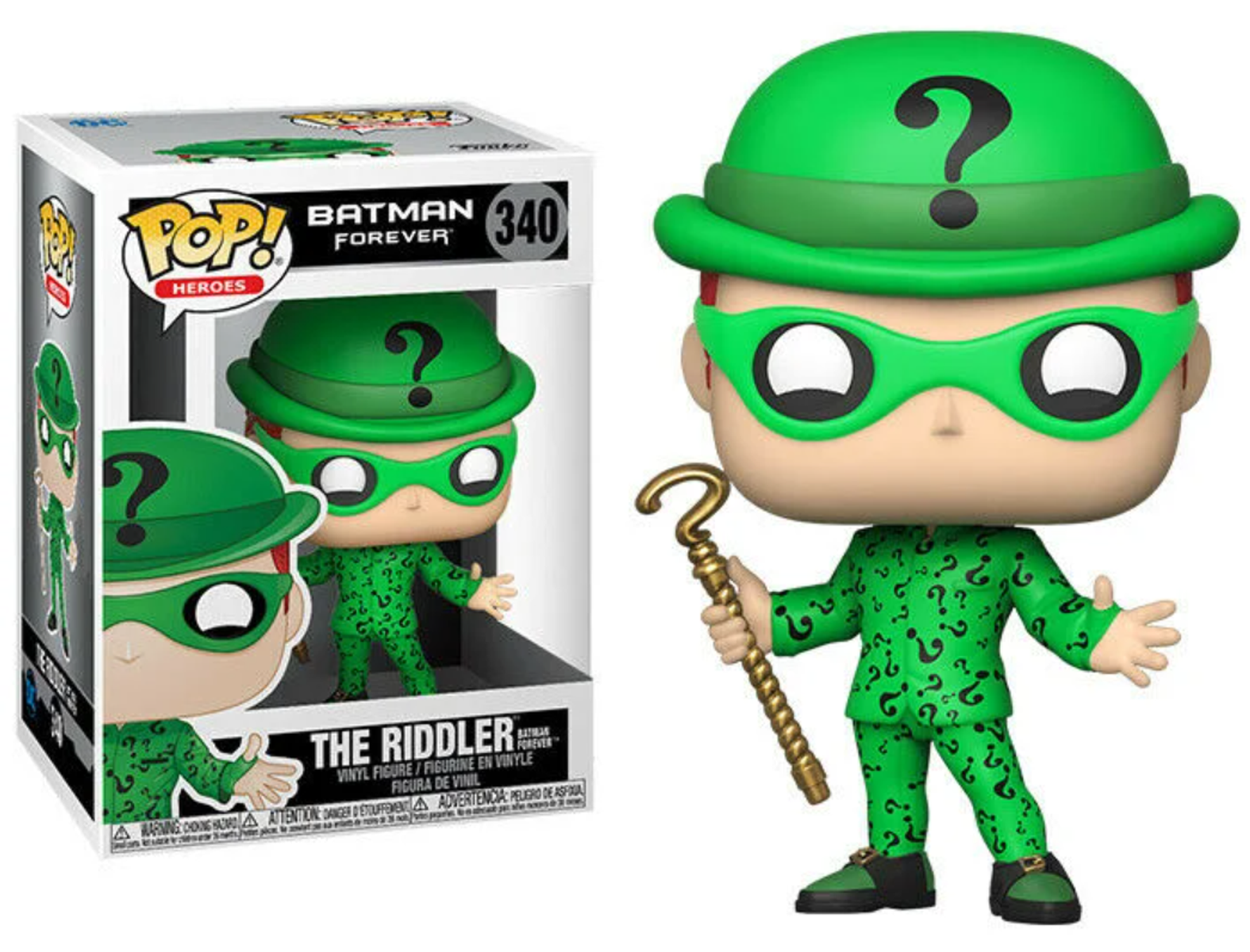 La statuetta Funko Pop di Enigmista, vestito verde, punto interrogativo, bastone e scatola.