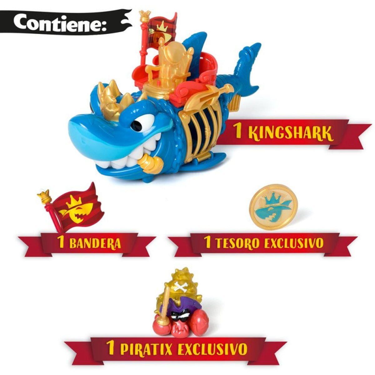 Figuras de juguete, King Shark montado en un tiburón azul. Incluye una bandera, un tesoro y una figura Piratix.