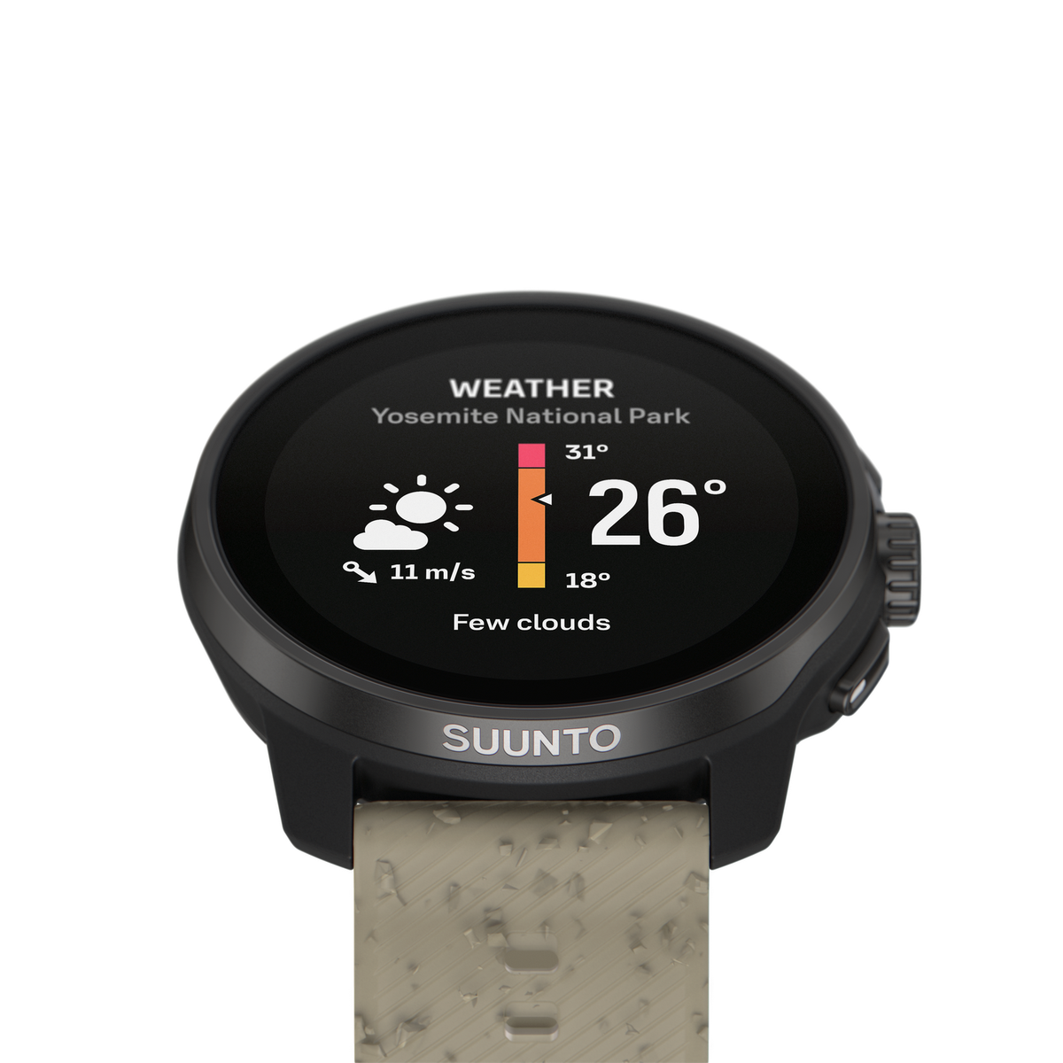 Un reloj Suunto que muestra datos meteorológicos, con esfera negra y correa beige.