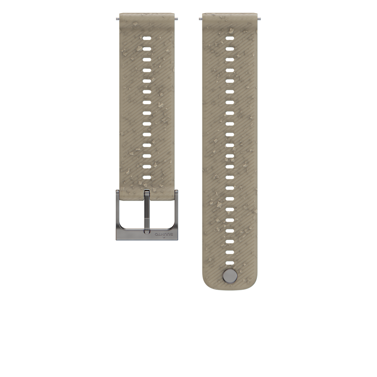 Dos correas de reloj beige con hebilla y agujeros sobre fondo negro.