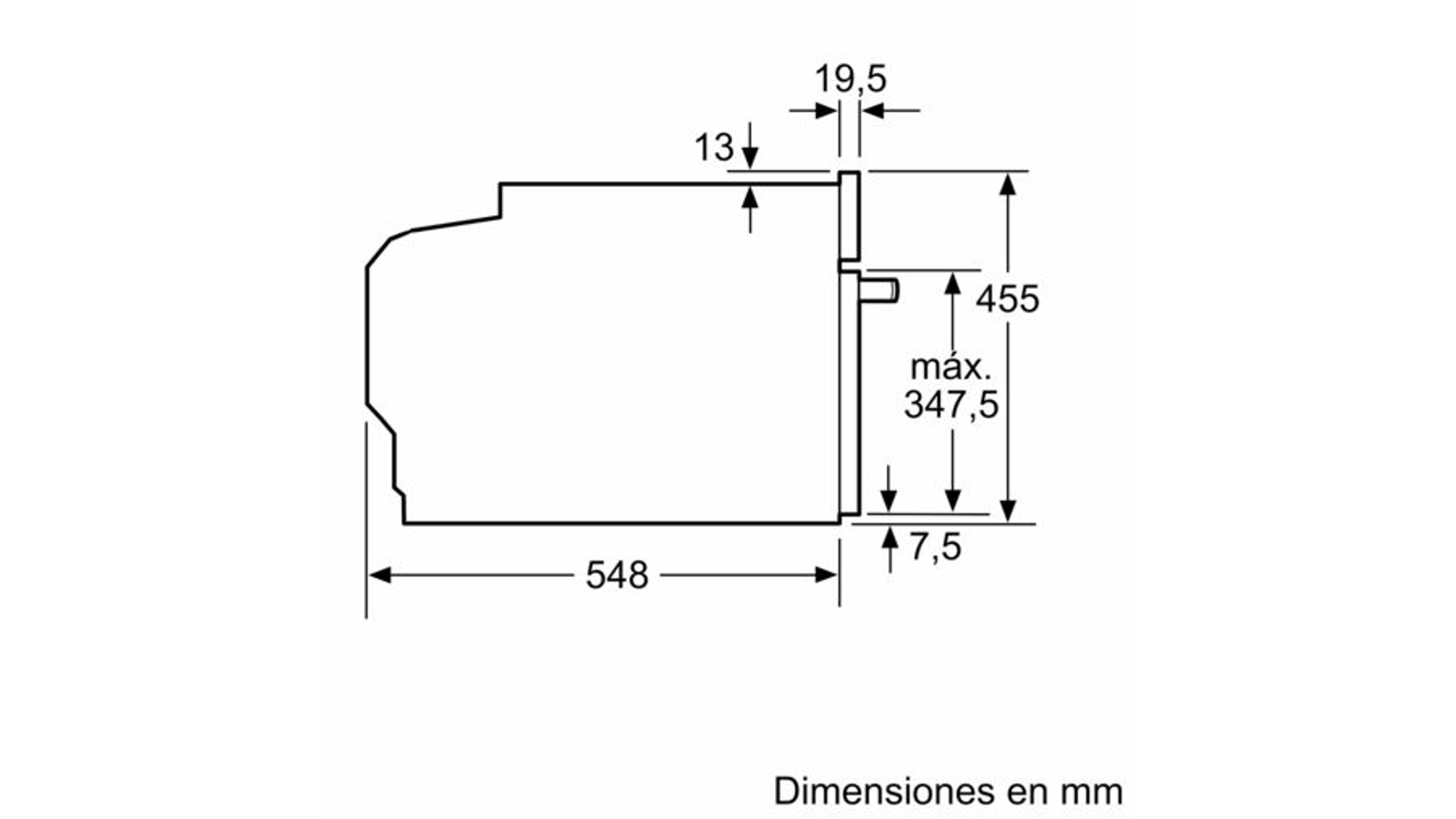 Diagrama de vista lateral con medidas en mm para un electrodoméstico.