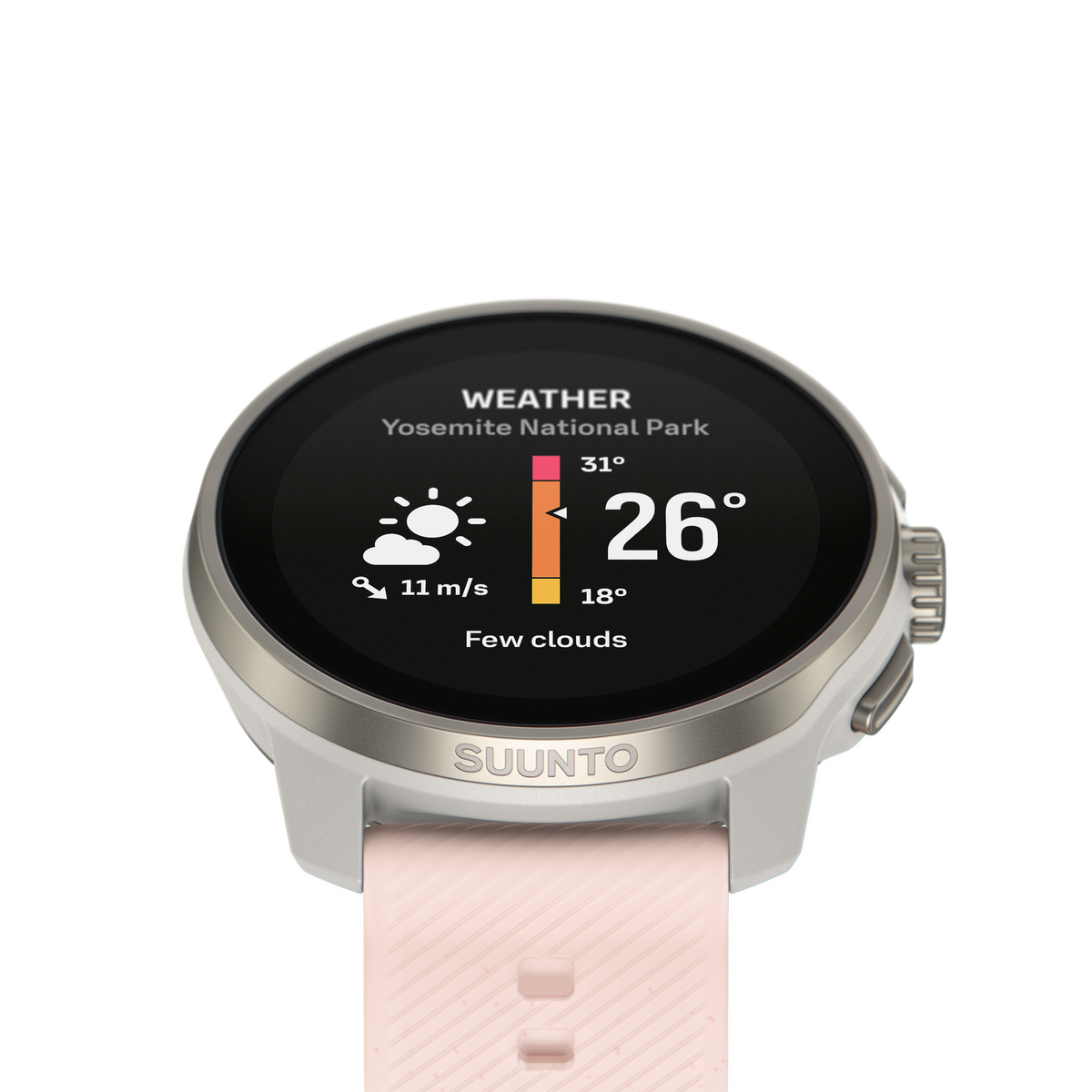 Smartwatch con informazioni meteo per Yosemite: 26 gradi, poche nuvole.