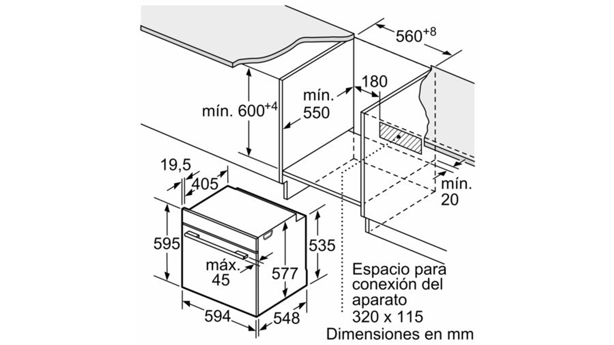 Schemat piekarnika do zabudowy, z wymiarami i miarami w milimetrach.