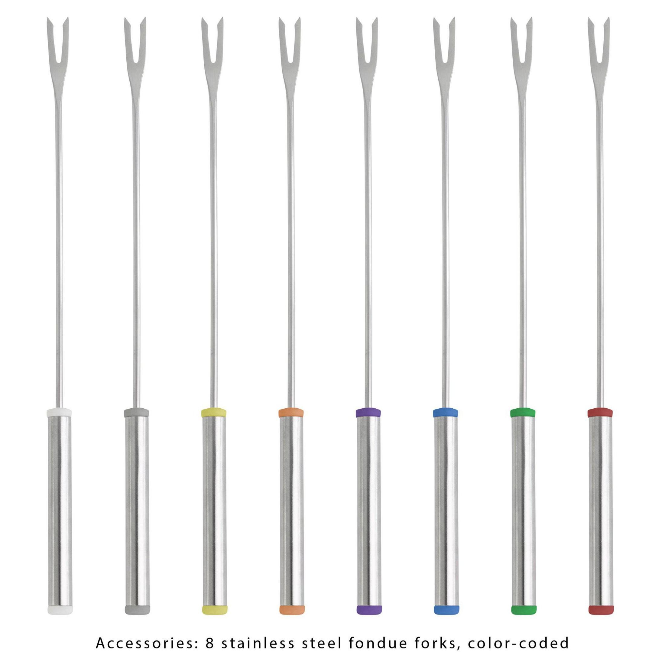 Osiem widelców do fondue ze stali nierdzewnej z kolorowymi uchwytami. Biały, szary, żółty, pomarańczowy, fioletowy, niebieski, zielony, czerwony.