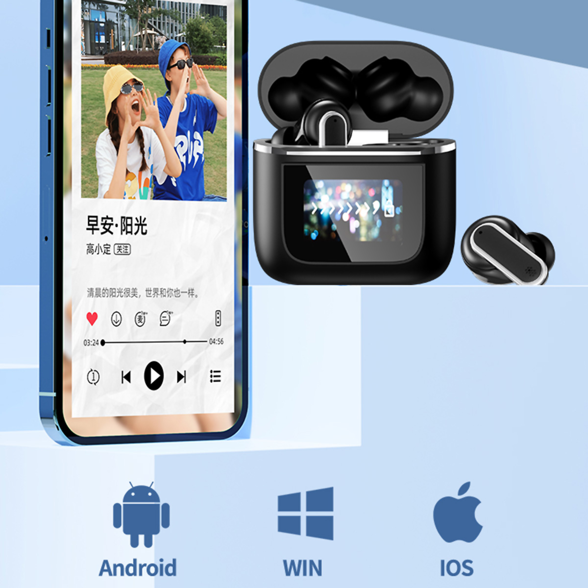 Teléfono inteligente y auriculares inalámbricos. Estuche negro con pantalla. Iconos Android, Win e iOS.