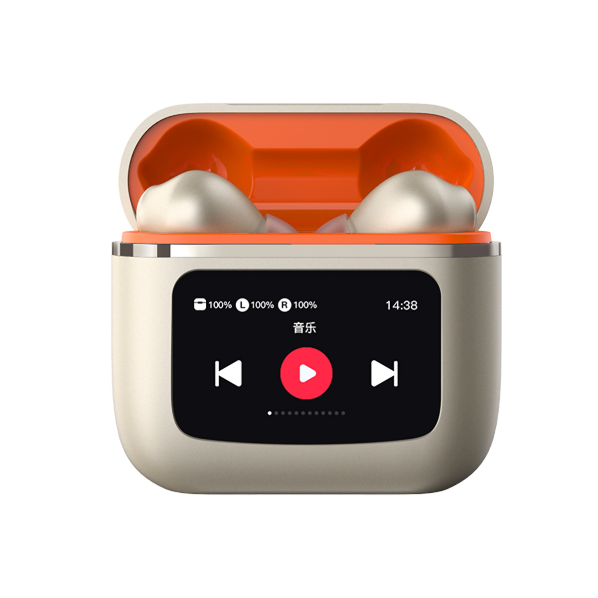 Auriculares en un estuche con interior naranja. El estuche muestra una pantalla.