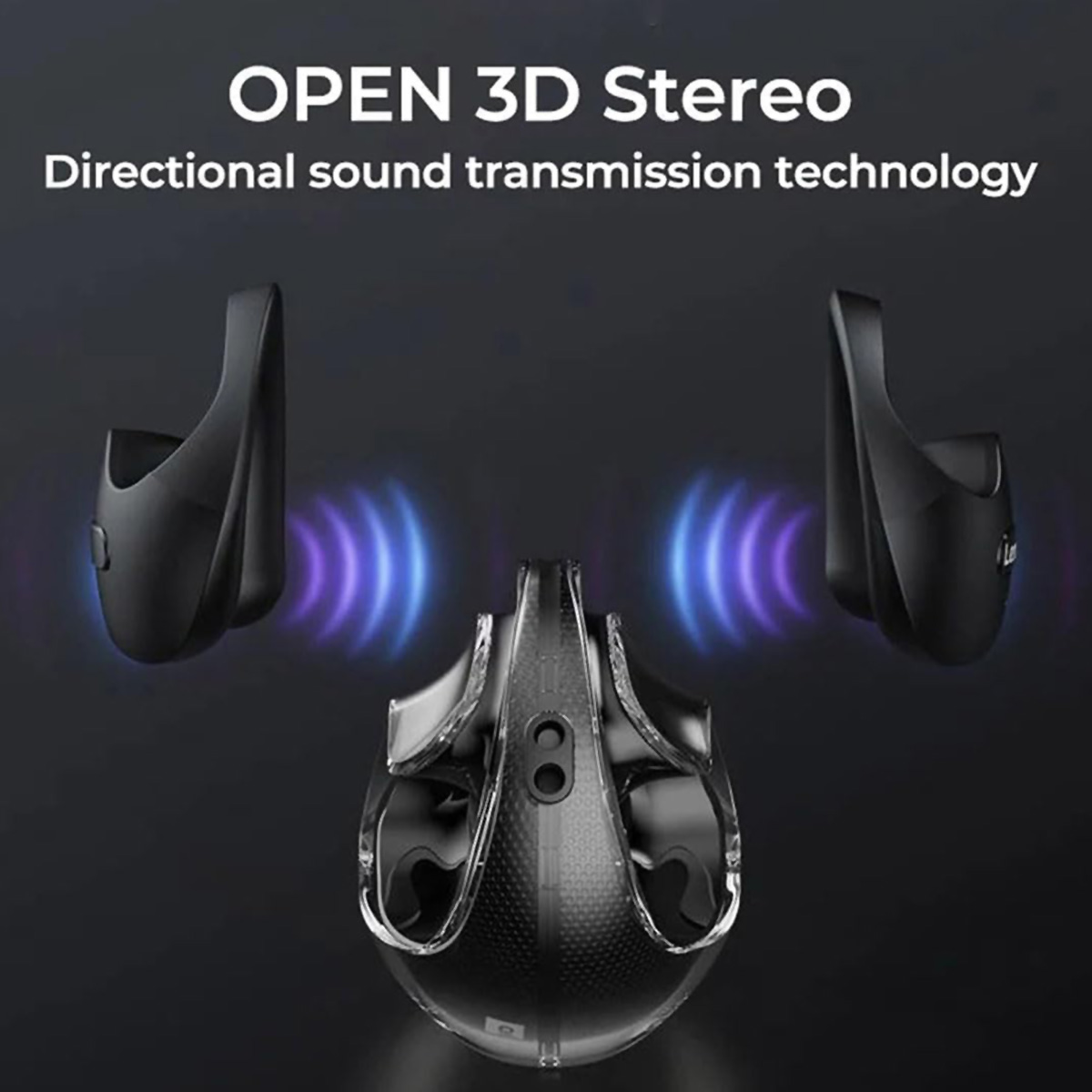 Dos auriculares negros con estuche de carga transparente sobre una superficie oscura con texto arriba.