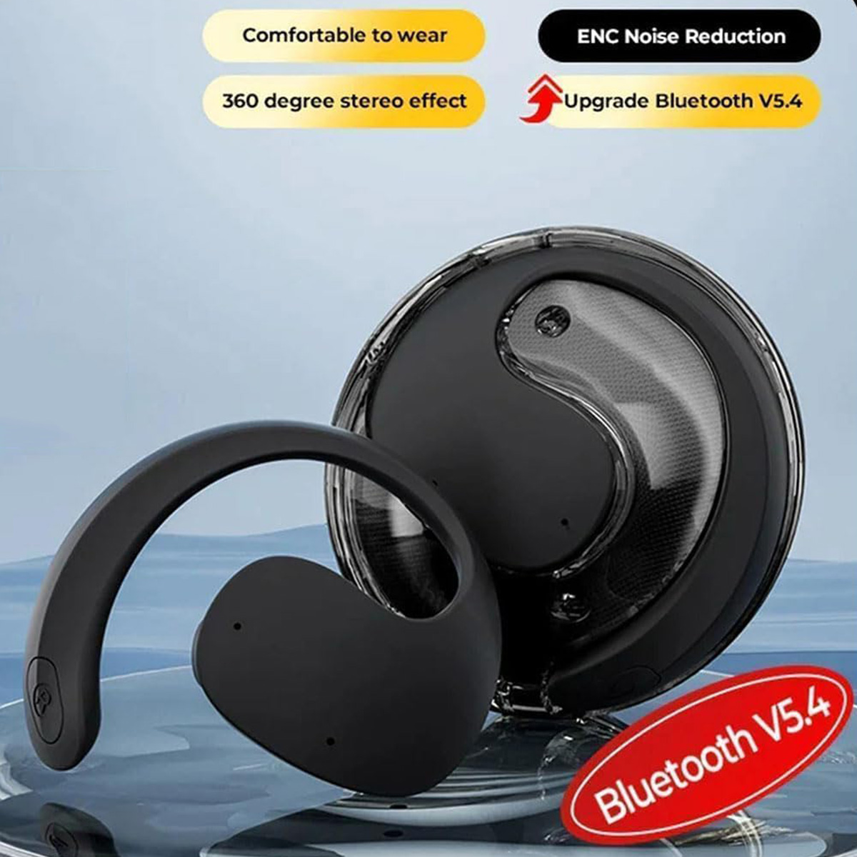 Auriculares inalámbricos negros con estuche de carga redondo y texto, fondo azul.