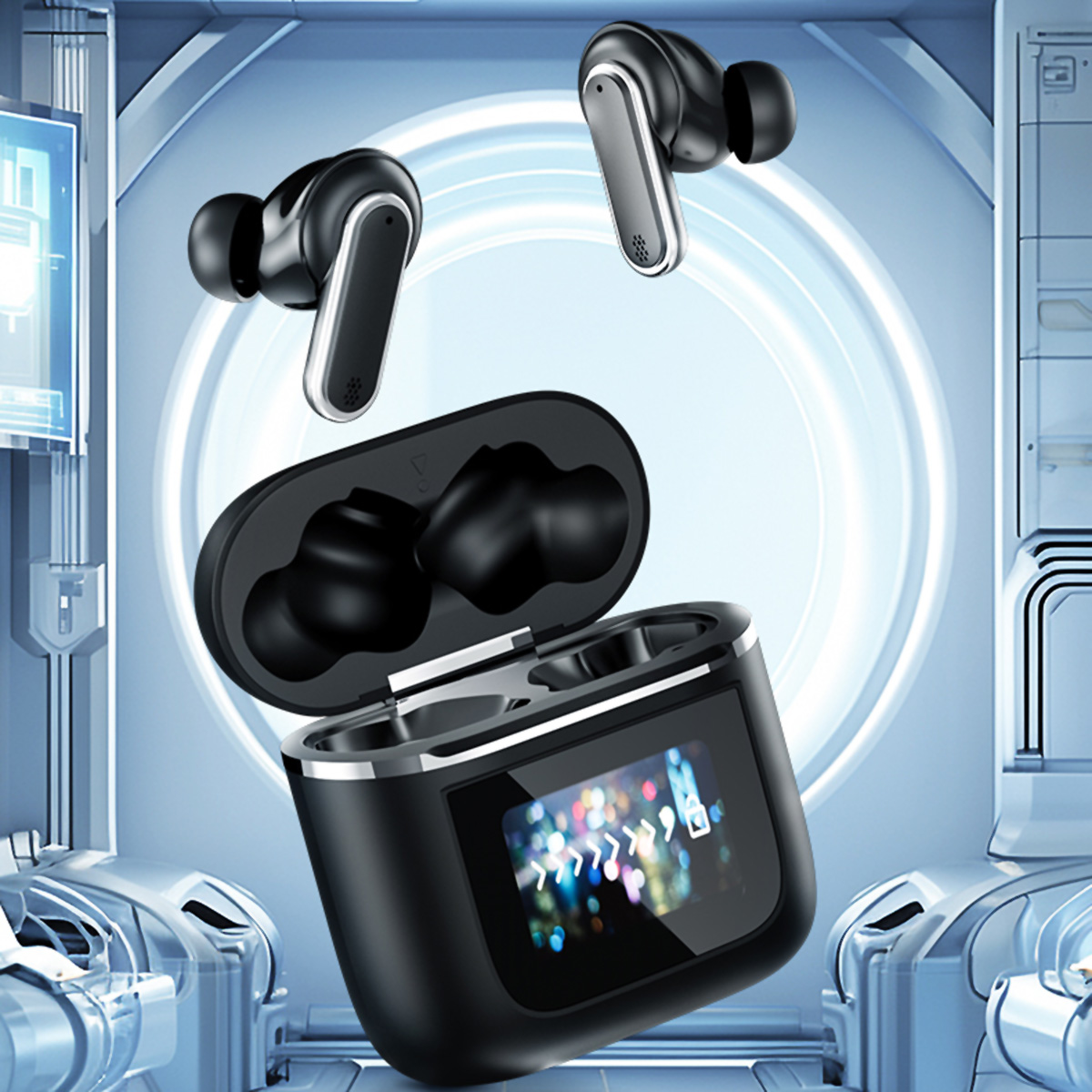 Auriculares negros y estuche de carga en un entorno futurista con luz azul circular.