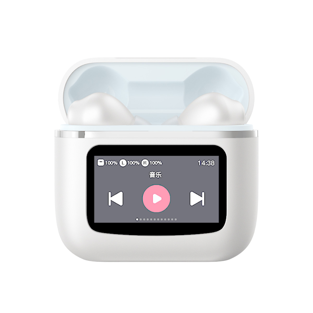 Auriculares blancos en un estuche blanco con pantalla. La pantalla muestra controles de música y batería.