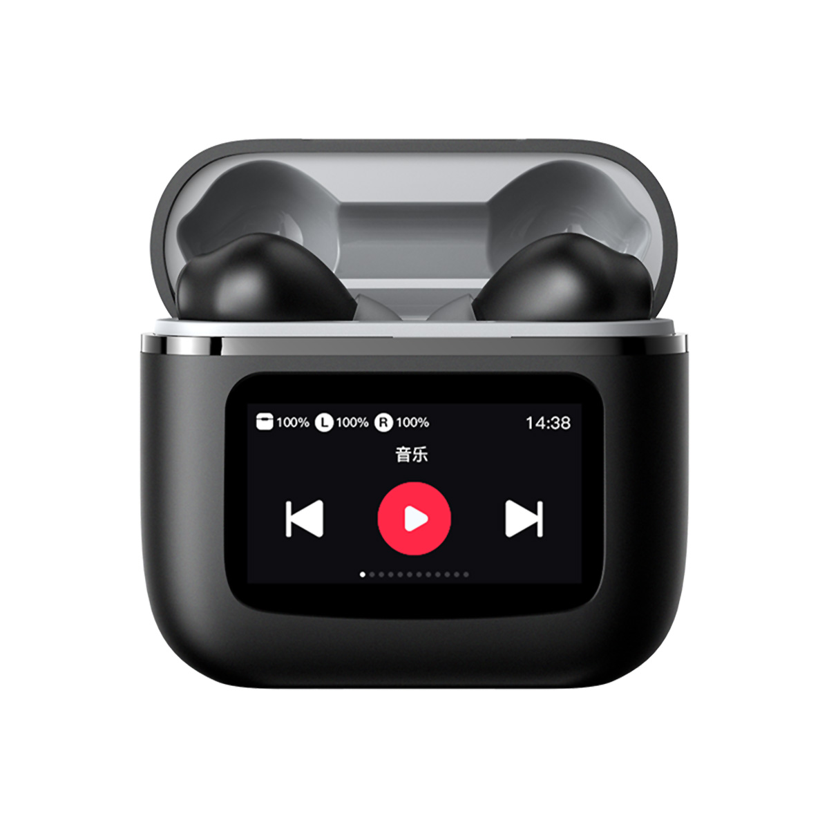 Auriculares negros en un estuche con pantalla que muestra controles de música, batería y hora.