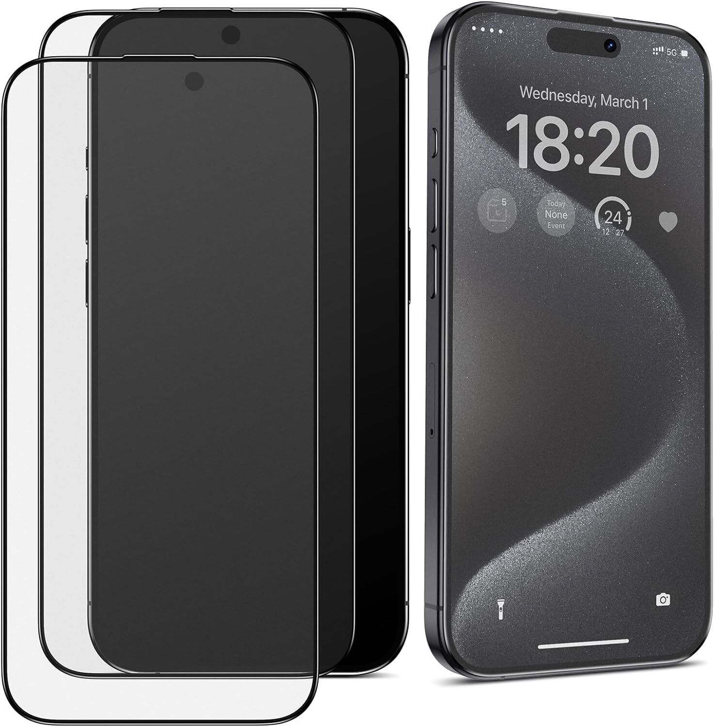 Drei Displayschutzfolien und ein Telefon mit Anzeige von Datum und Uhrzeit.