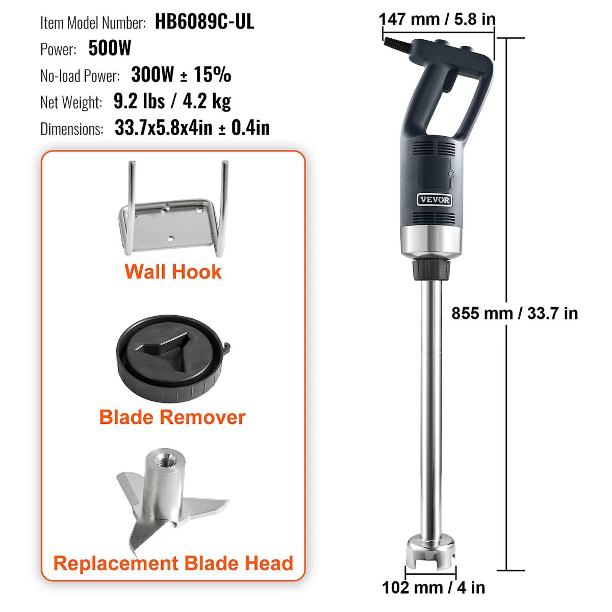 Batidora de mano con medidas y accesorios: gancho de pared, removedor de cuchilla, cabezal de cuchilla.