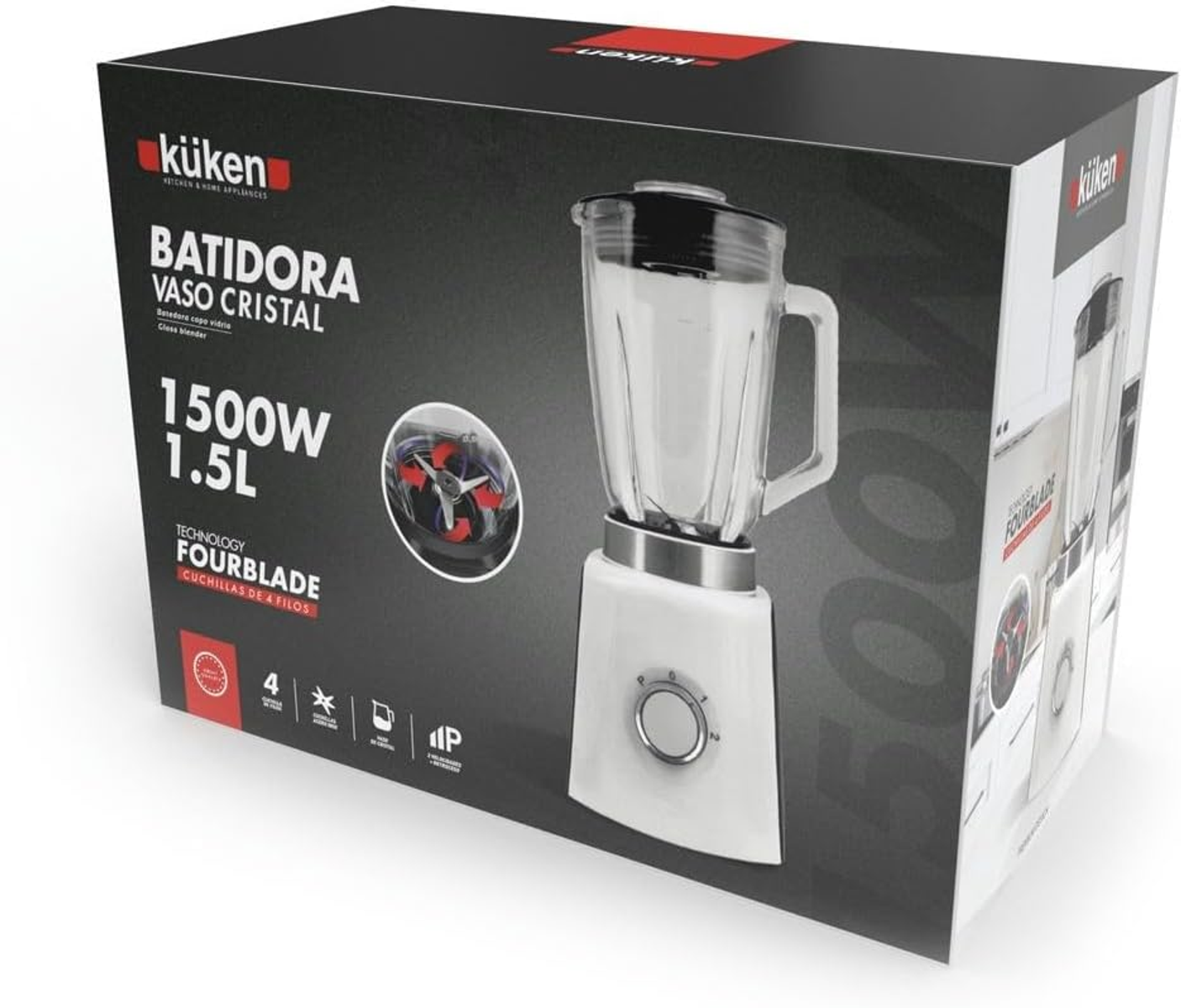 Caja de licuadora. Imagen de licuadora blanca y texto 'BATIDORA VASO CRISTAL', 1500W, 1.5L y 'FOURBLADE'.