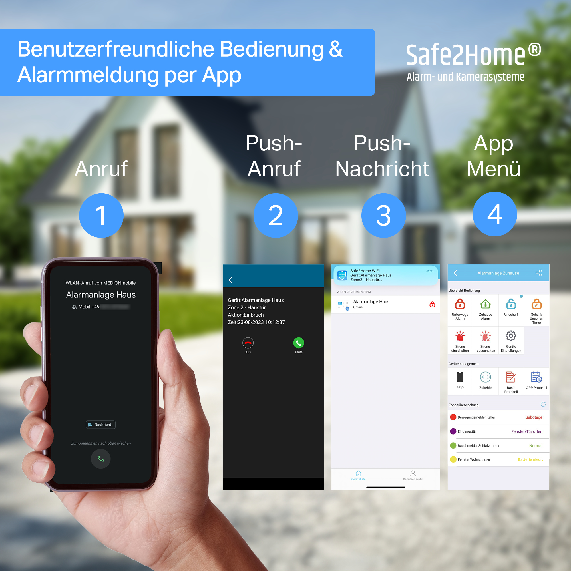 Ein Smartphone zeigt vier Bildschirme. Die Bildschirme zeigen die App-Oberfläche. Hand, die das Telefon hält. Text auf Deutsch.