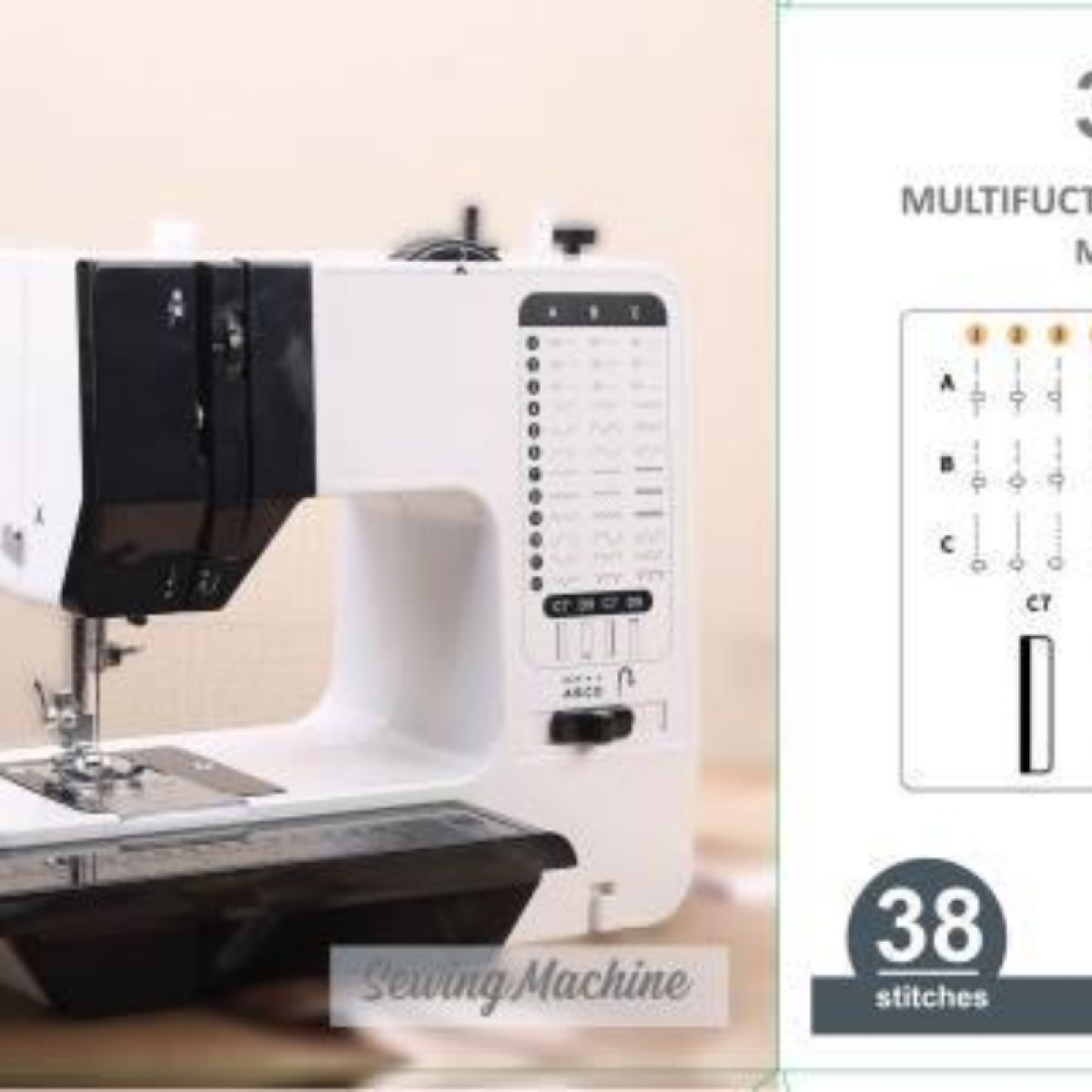 Biała maszyna do szycia, czarne akcesoria i schemat z opcjami ściegów. Tekst maszyny do szycia.