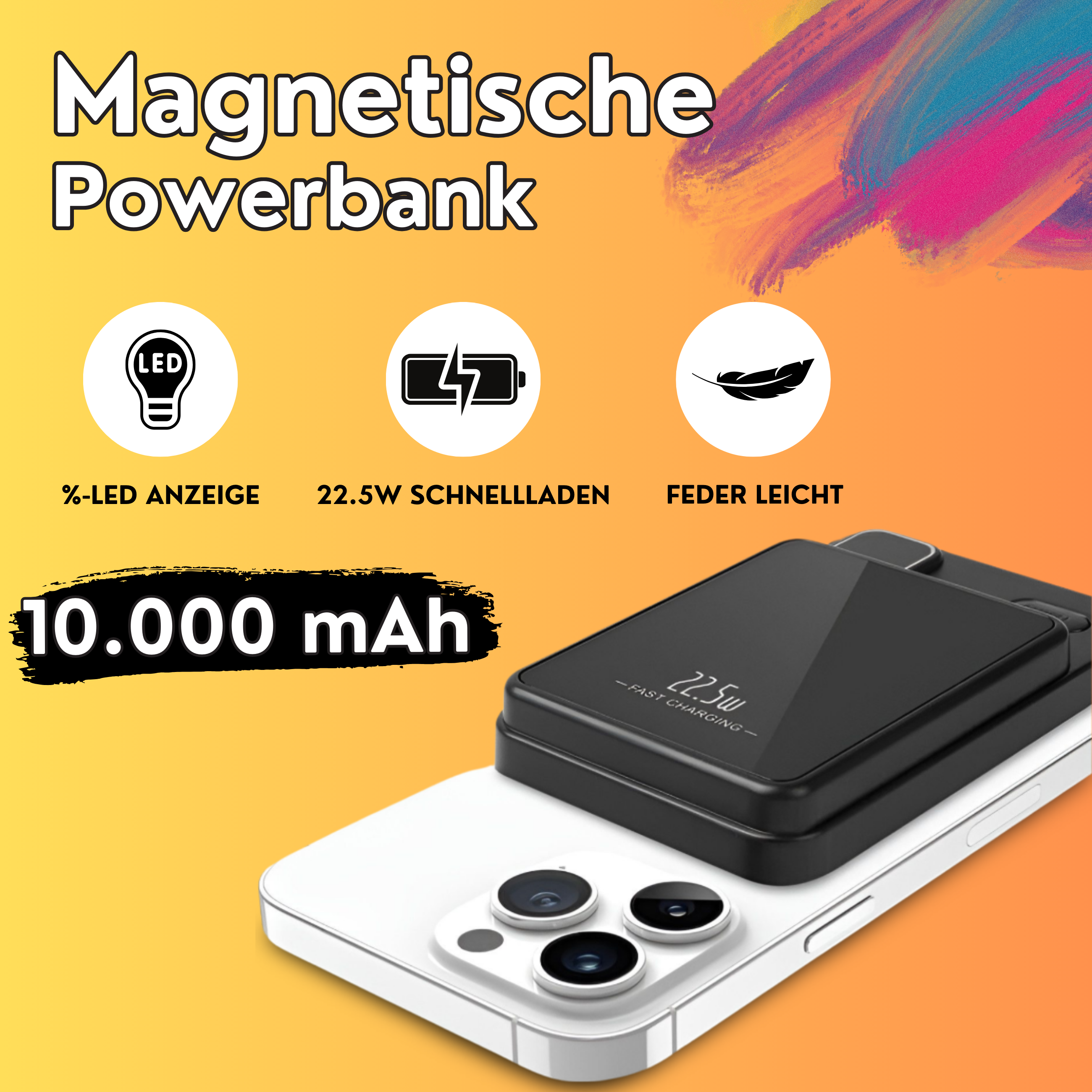Magnetische Powerbank mit LED-Anzeige, 22,5W Schnellladung. Weiß, lädt ein weißes Telefon.