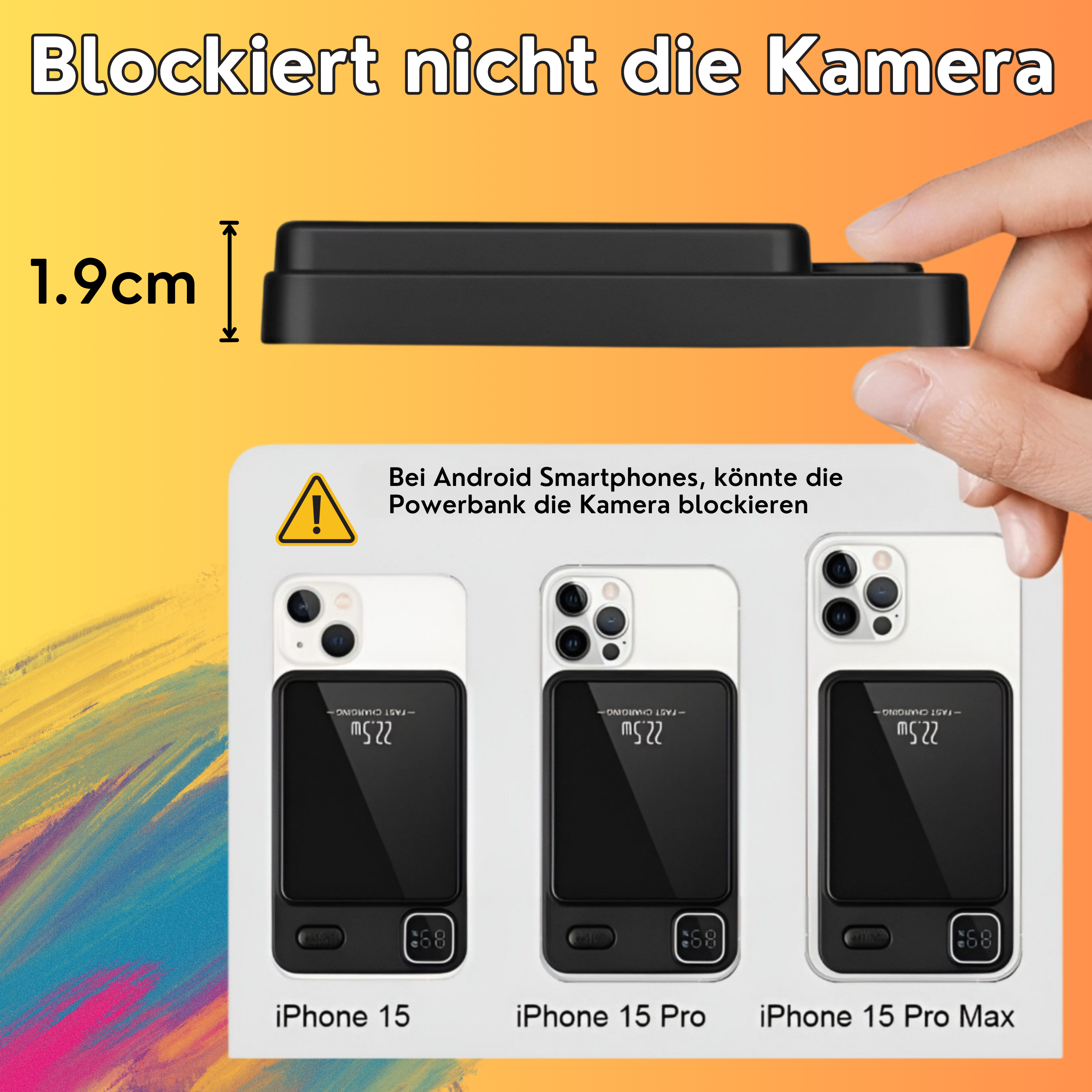 Ein schwarzes Gerät mit drei Telefonen darauf. Der Text besagt, dass es die Kamera nicht blockiert.
