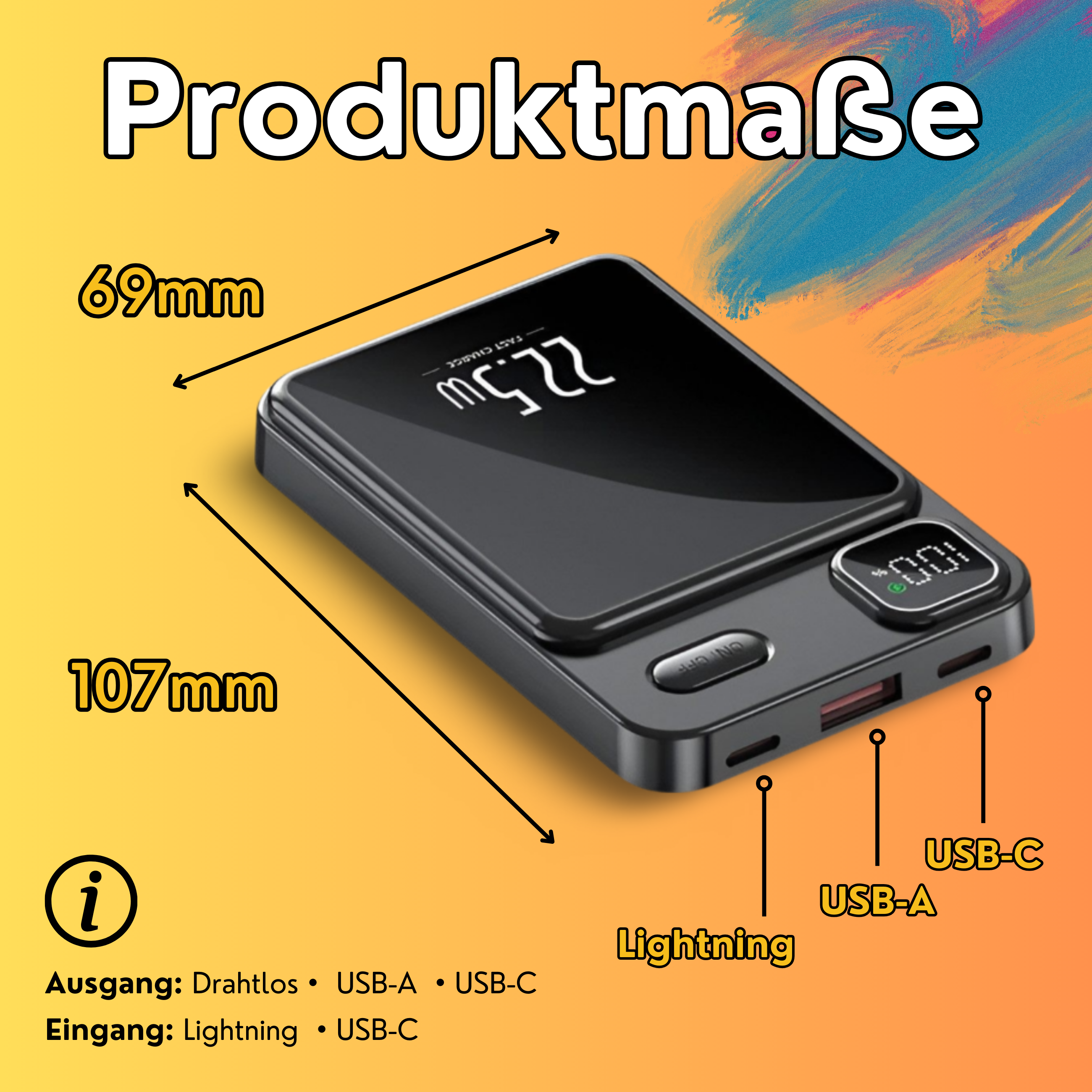 Schwarze Powerbank mit USB- und Lightning-Anschlüssen. Produktabmessungen werden angezeigt.