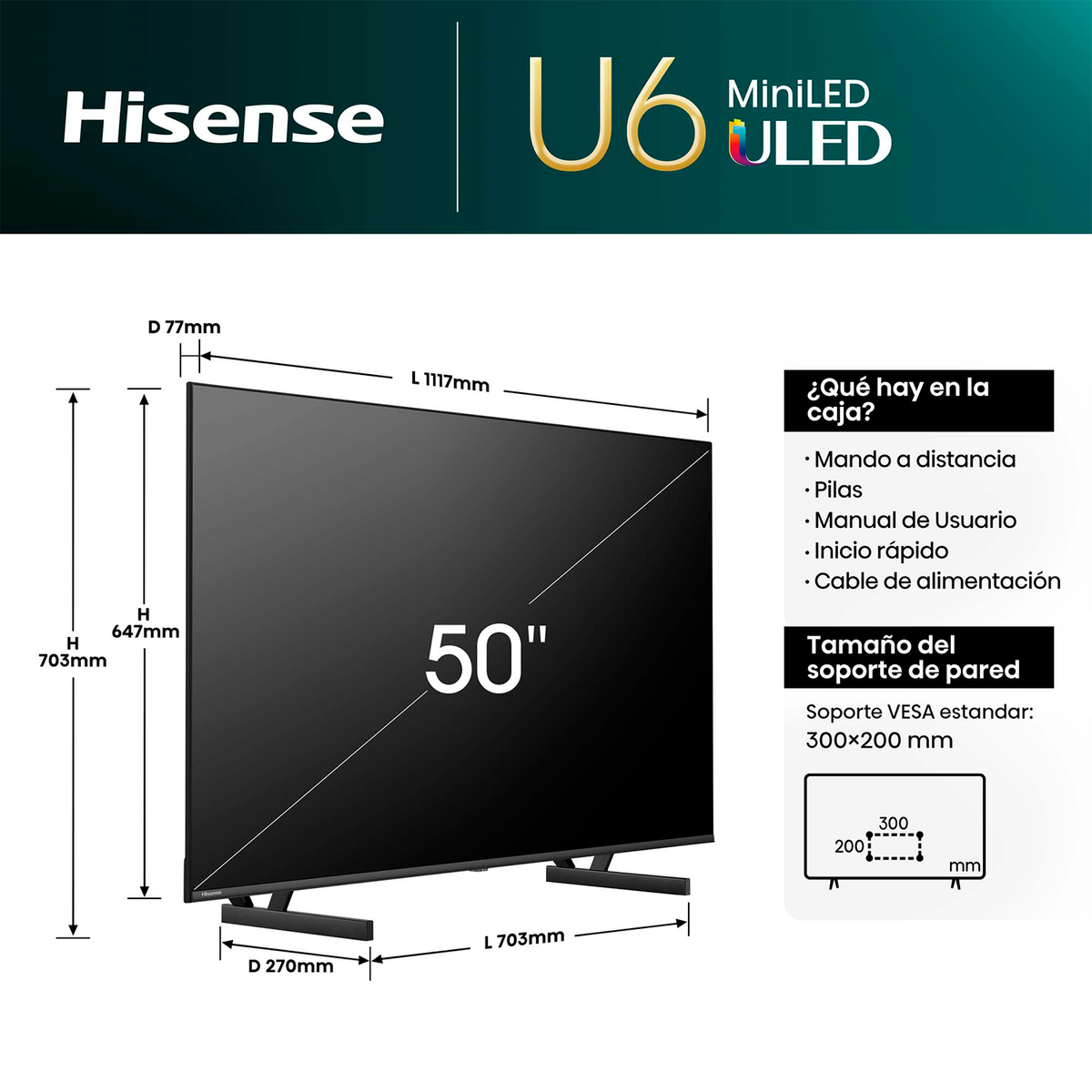 Televisor con texto y dimensiones. El televisor es negro y tiene un soporte. Aparece una caja con texto.