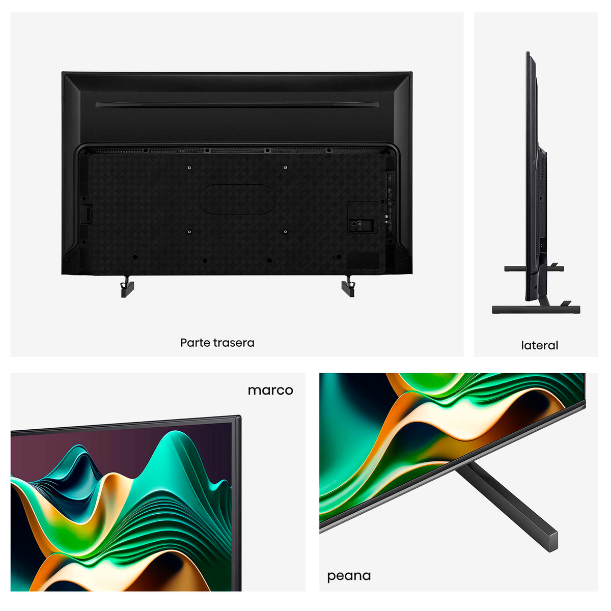 Un televisor que muestra vistas trasera, lateral, marco y soporte. Se incluyen etiquetas de texto.