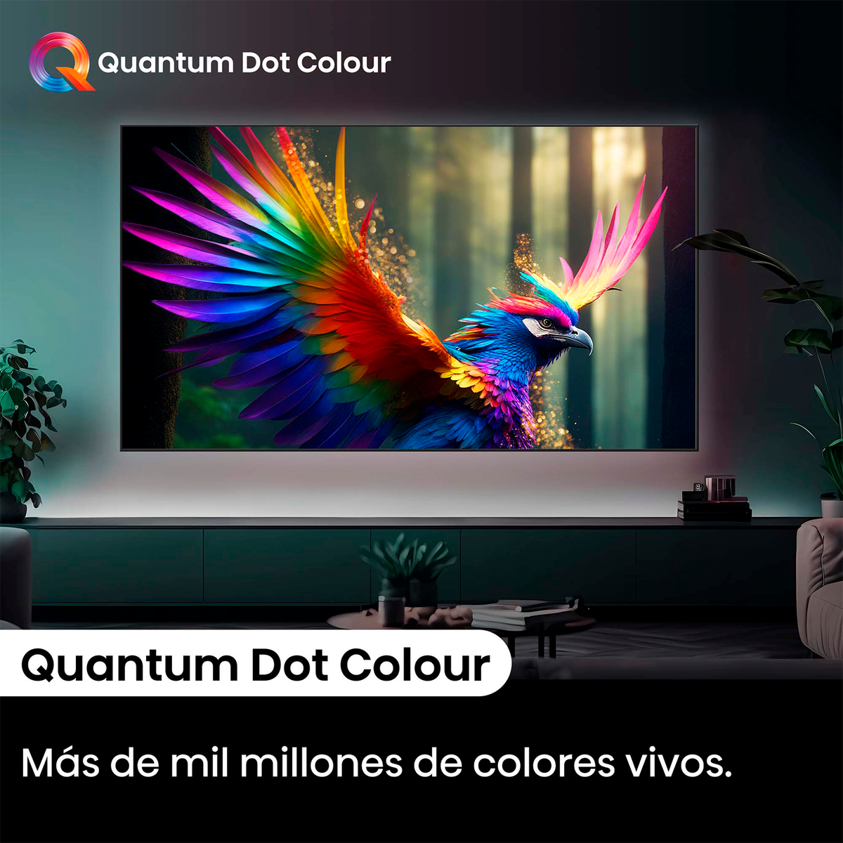 Televisor grande con una imagen de pájaro colorido en la pantalla.