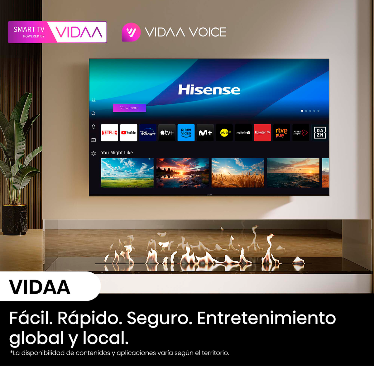 Pantalla de TV con funciones inteligentes y el logotipo de VIDA. Una chimenea moderna debajo del televisor.