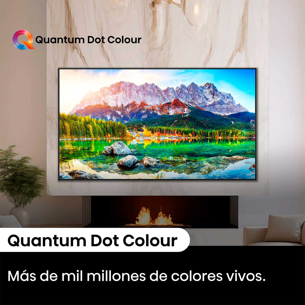 Duży telewizor wyświetla malowniczy widok na góry i jezioro. Tekst na dole brzmi 'Quantum Dot Colour'.