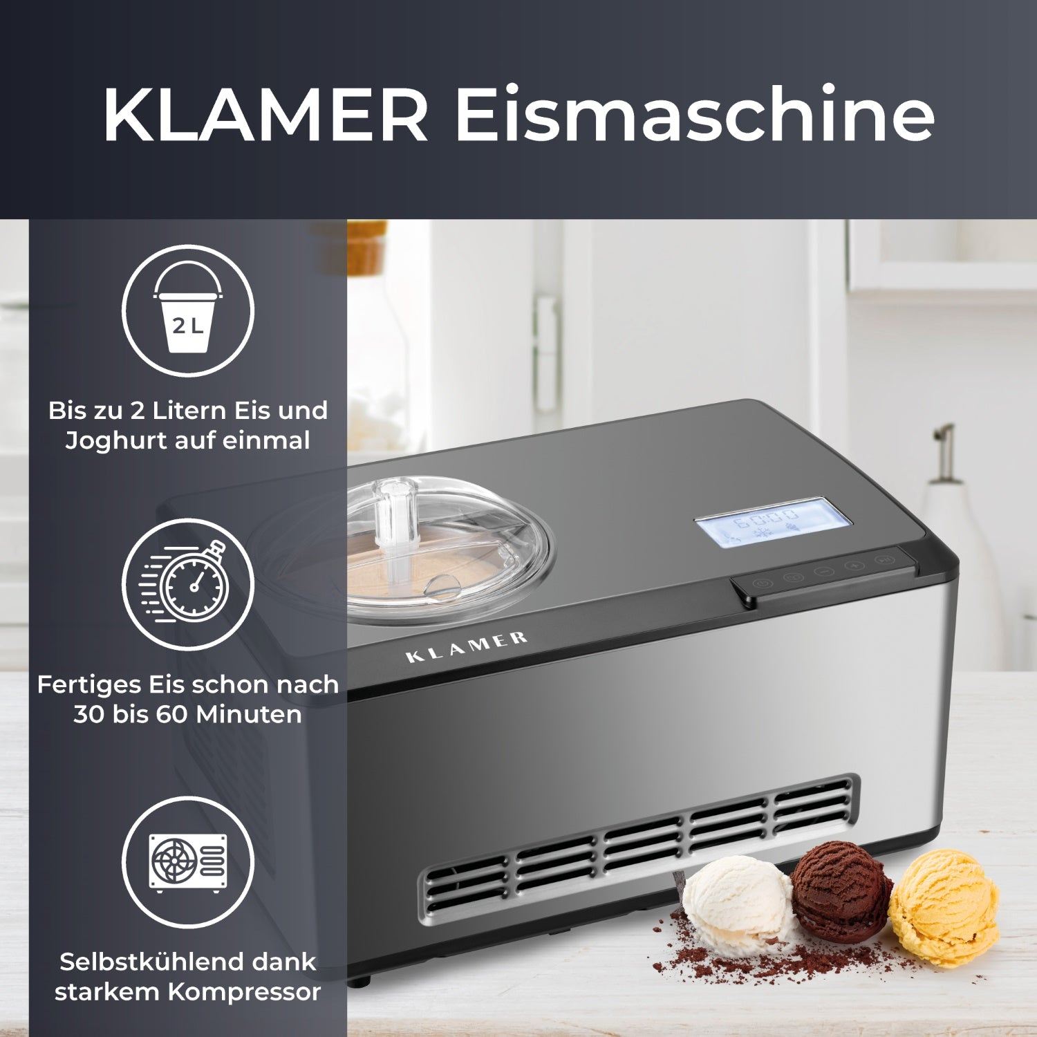 Eismaschine mit drei Eiskugeln auf einer Oberfläche.