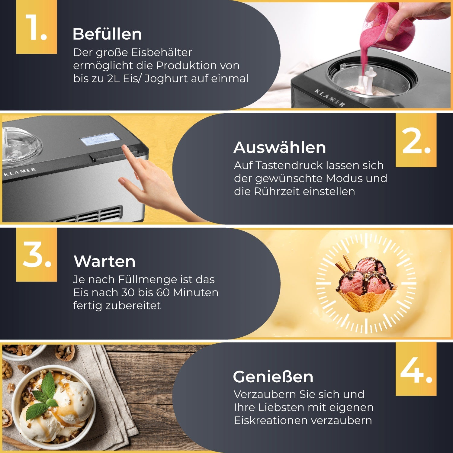 Eismaschine mit Schrittanleitungen. Befüllen, Einstellungen wählen, warten und genießen.