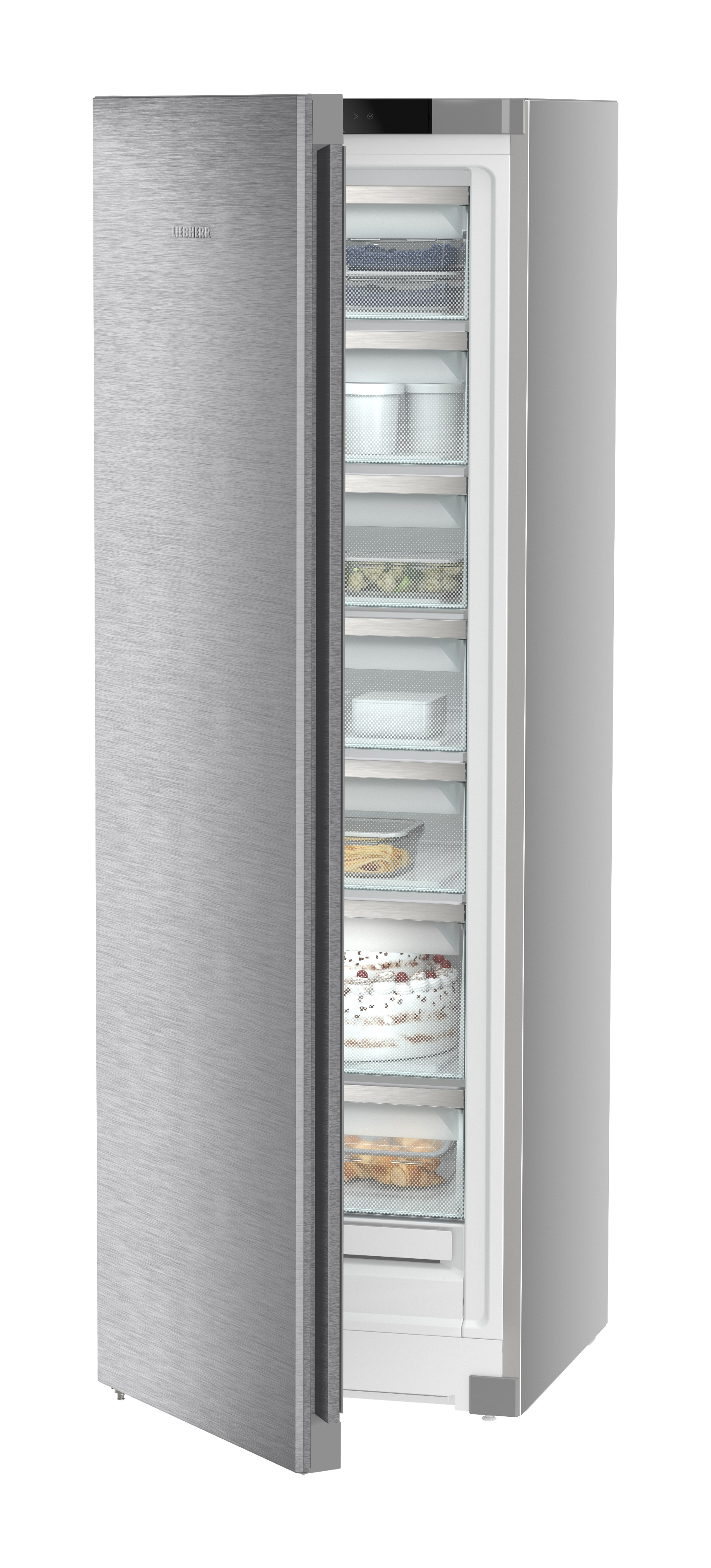 Refrigerador de acero inoxidable, parcialmente abierto, mostrando estantes con alimentos. La puerta a la izq.