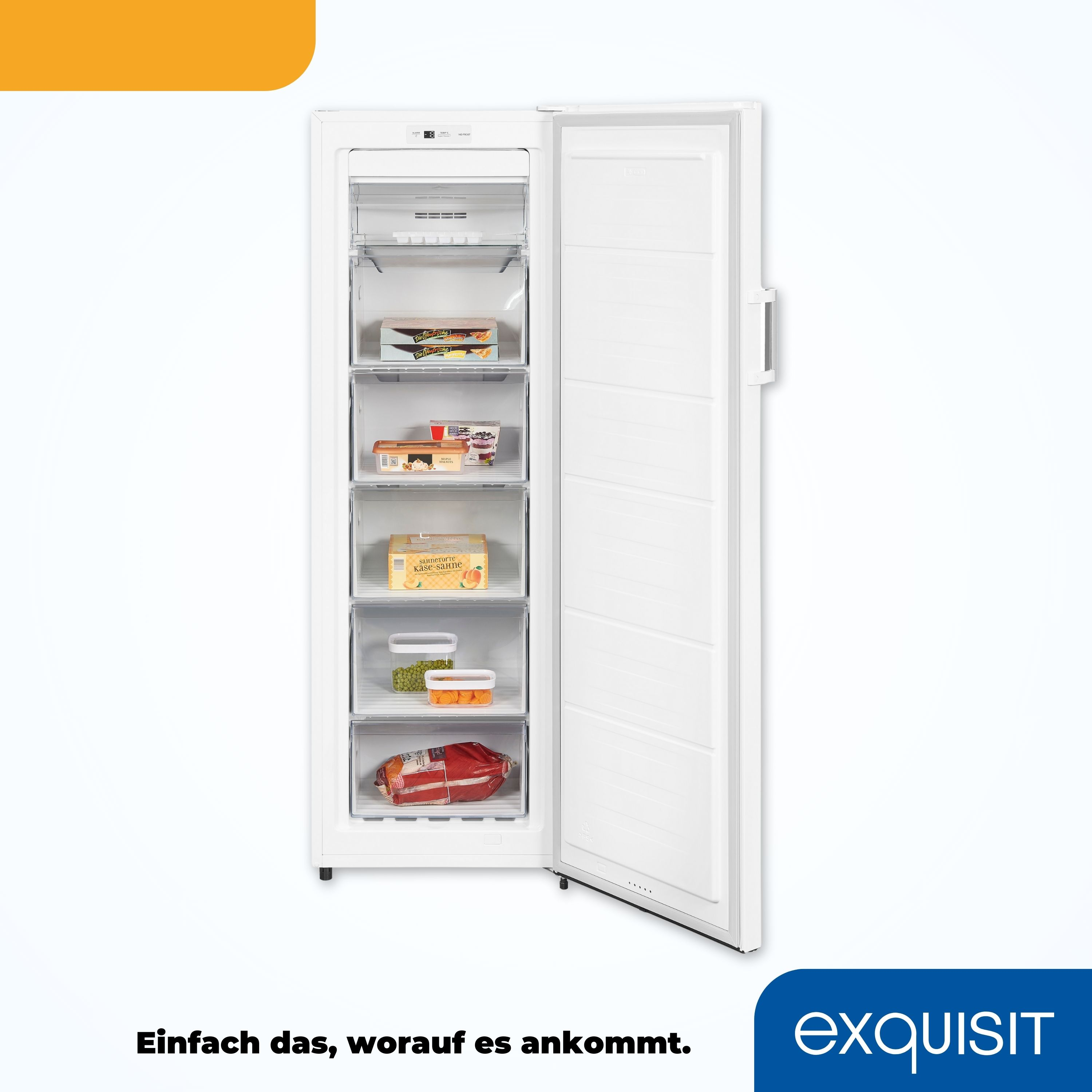 Weißer Gefrierschrank mit offener Tür, die Regale mit Lebensmitteln zeigt, einfaches Textlogo.