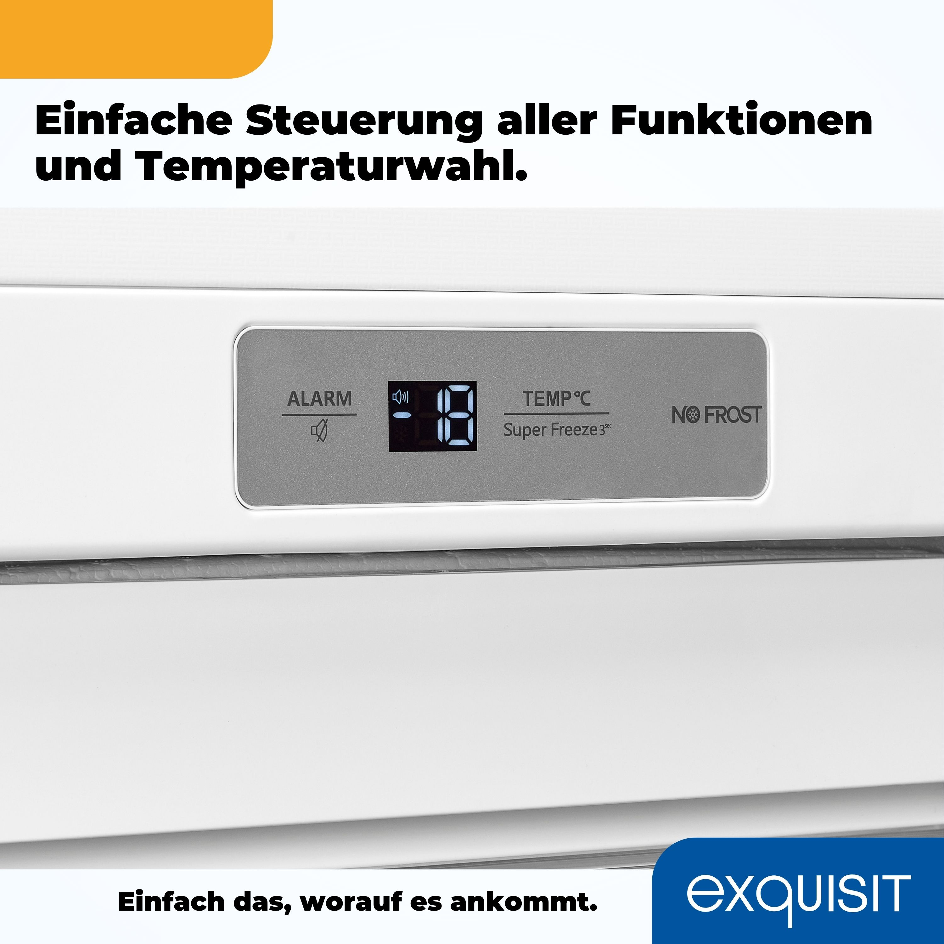 Nahaufnahme eines Gefrierschrank-Bedienfelds. Zeigt Temperatur- und Alarmeinstellungen. Text: Kein Frost.