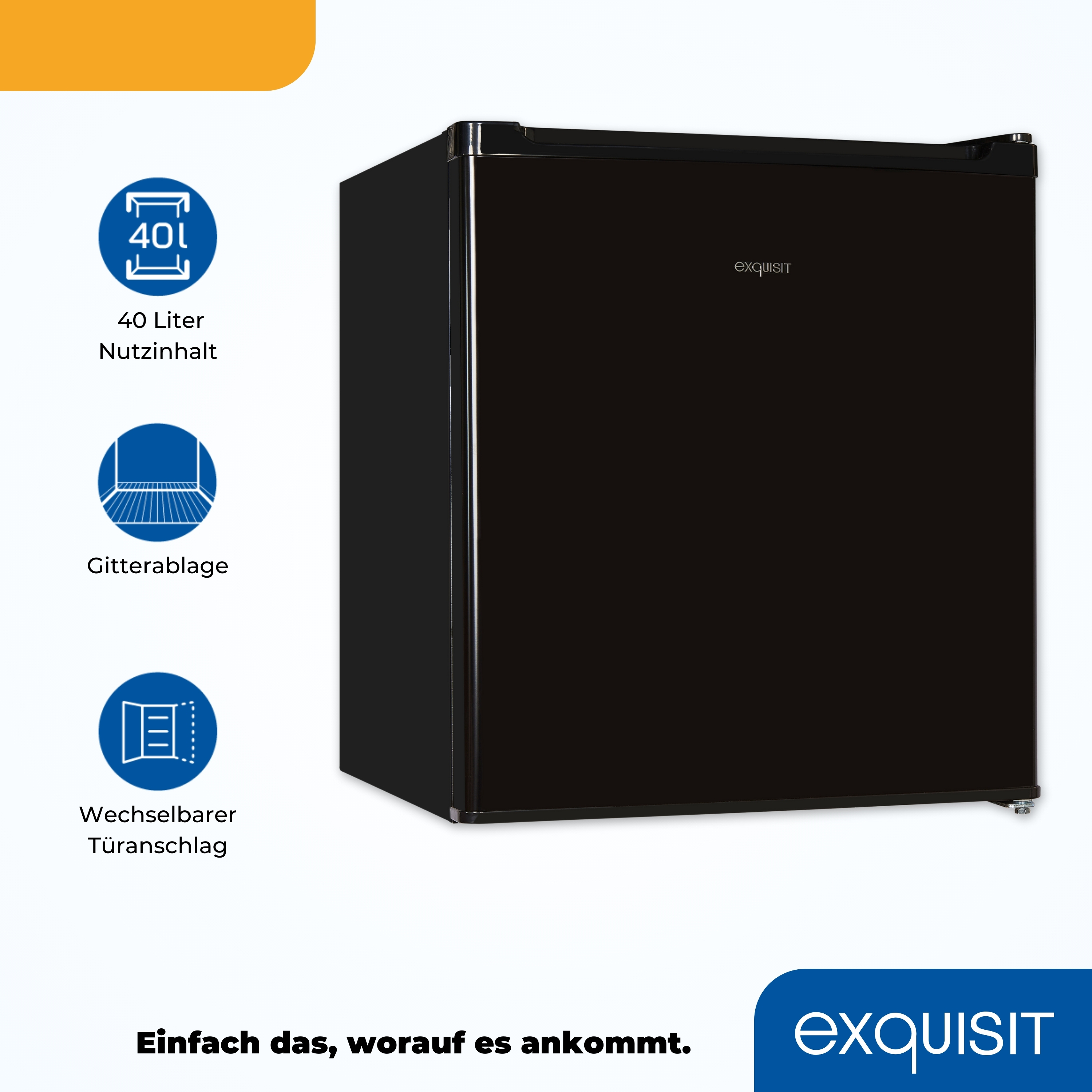 Schwarzer Mini-Kühlschrank mit drei Informationssymbolen.