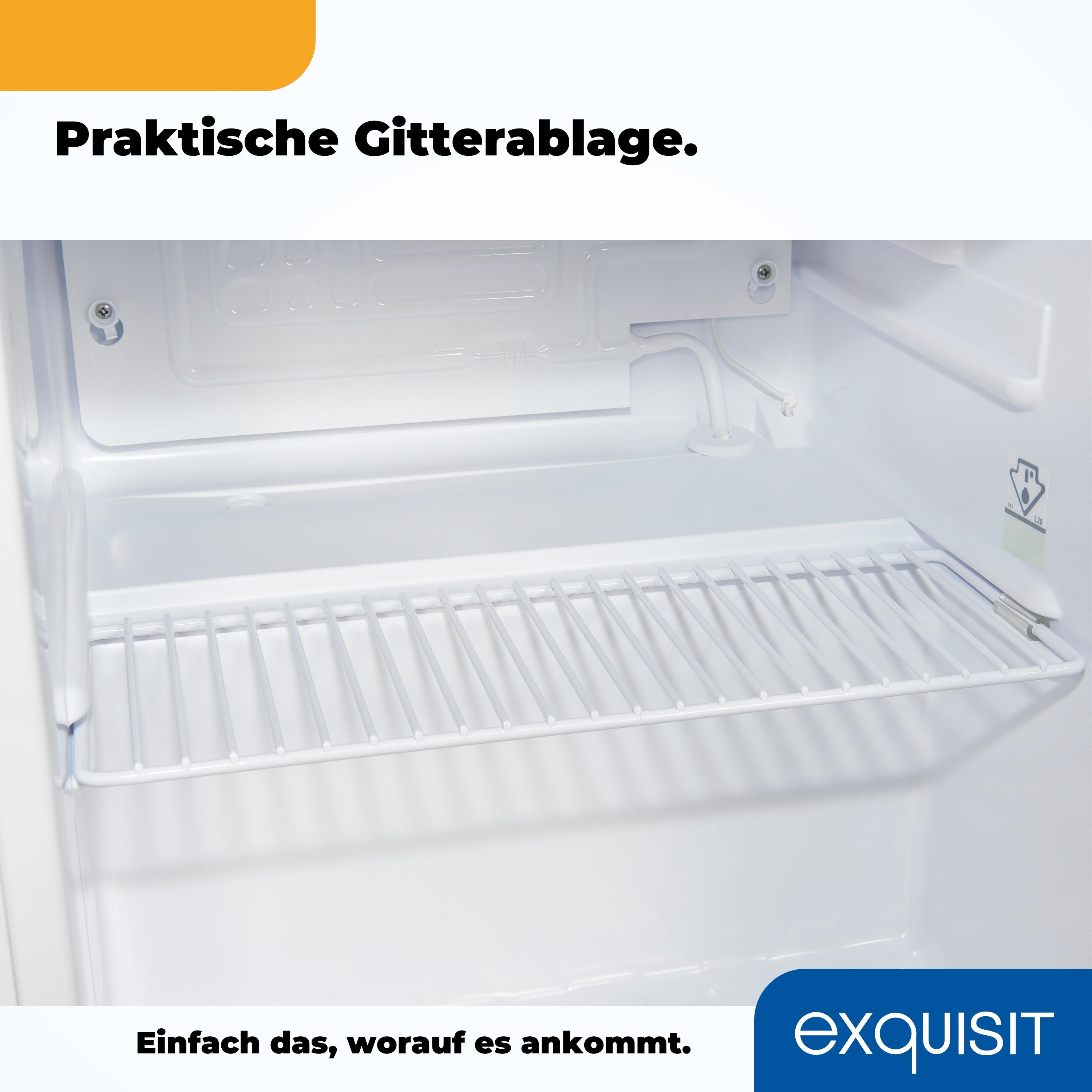 Offener weißer Kühlschrankinnenraum mit einem Drahtregal. Text auf Deutsch und ein Logo.