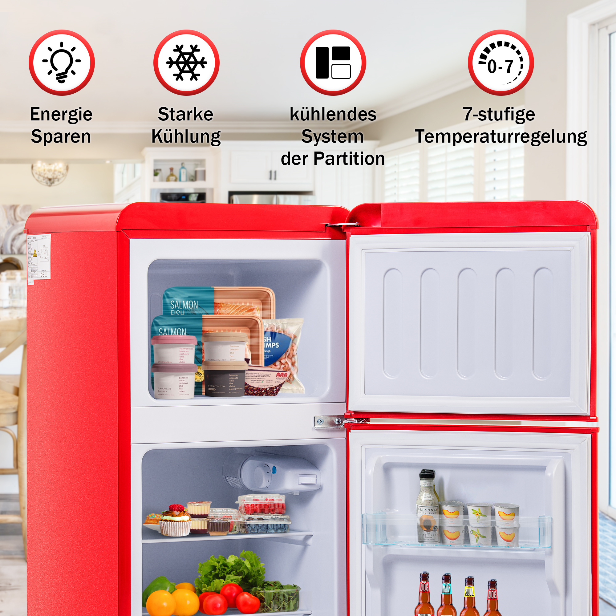 Ein roter Kühlschrank. Er hat zwei Türen und ein Gefrierfach. Oben sind Symbole mit Text.
