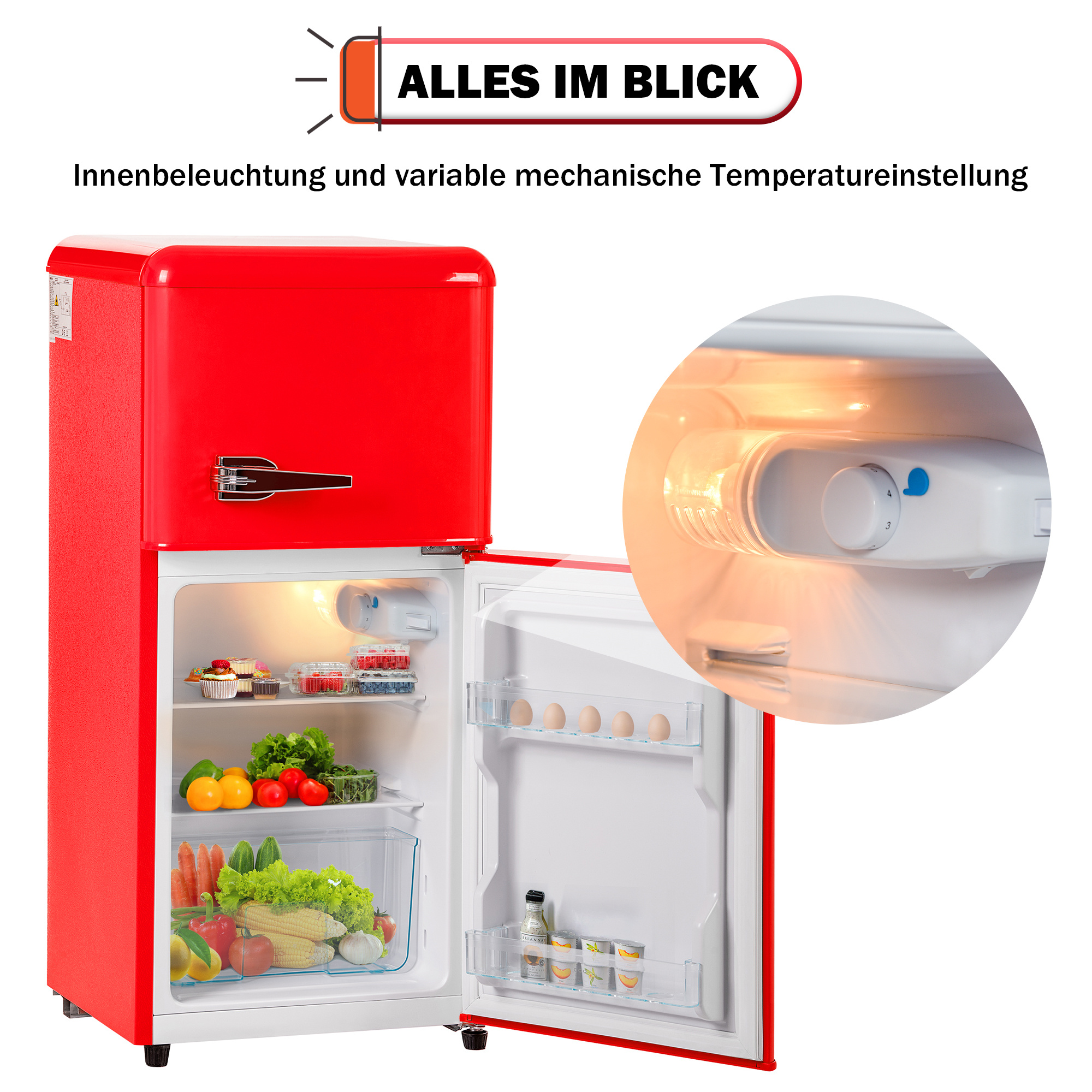 Roter Kühlschrank mit offener Tür mit Lebensmitteln. Ein kreisförmiger Einsatz zeigt den Temperaturregler mit Licht.