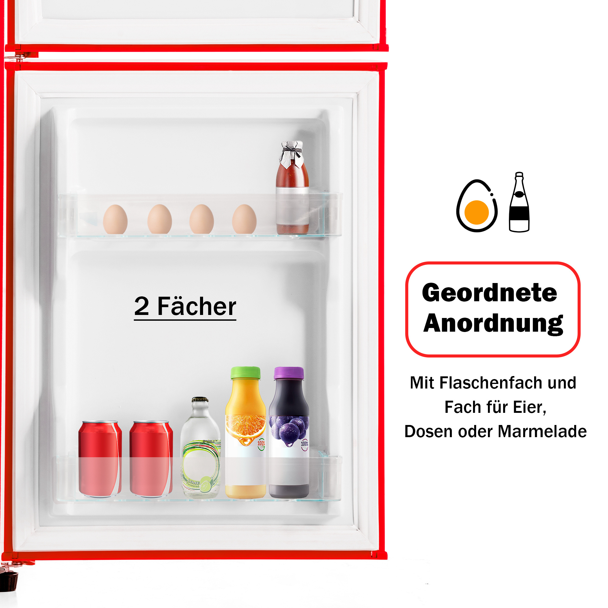 Kühlschrank Innenraum mit Regalen, Eiern, Flaschen und Dosen. Roter Rahmen mit deutschem Text.