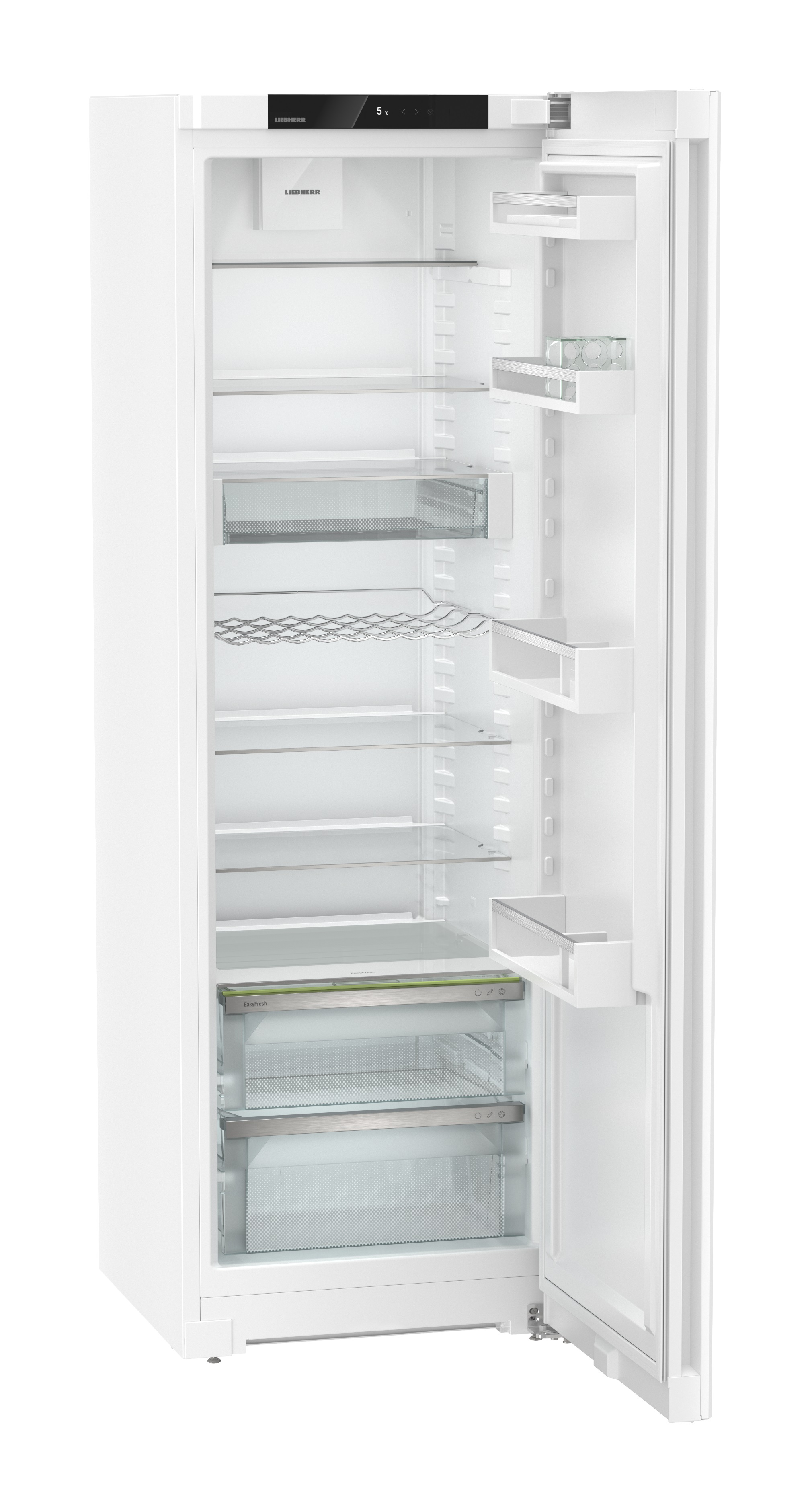 Refrigerador blanco con la puerta abierta, revelando estantes y cajones de vidrio. Interior vacío y bien iluminado.
