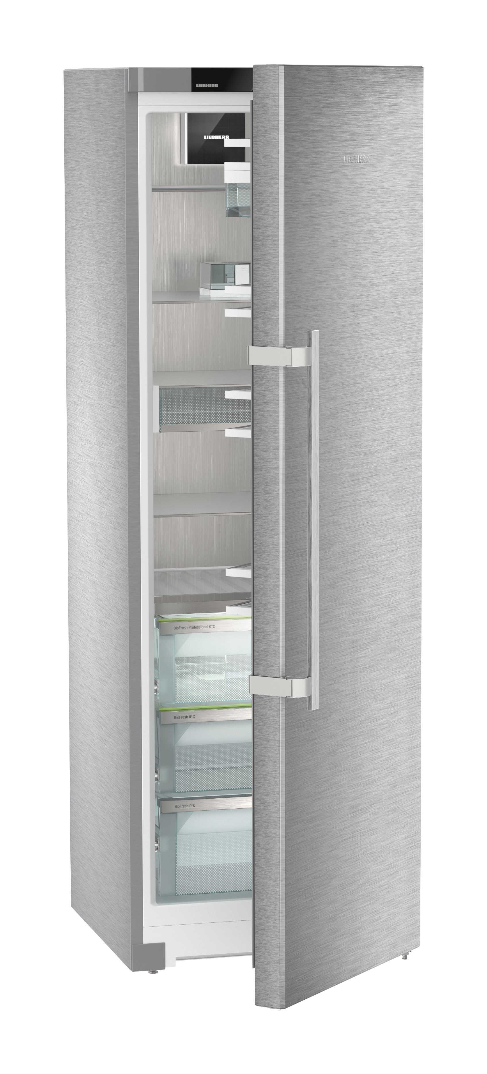 Refrigerador Liebherr de acero inoxidable con la puerta parcialmente abierta, mostrando estantes y cajones.